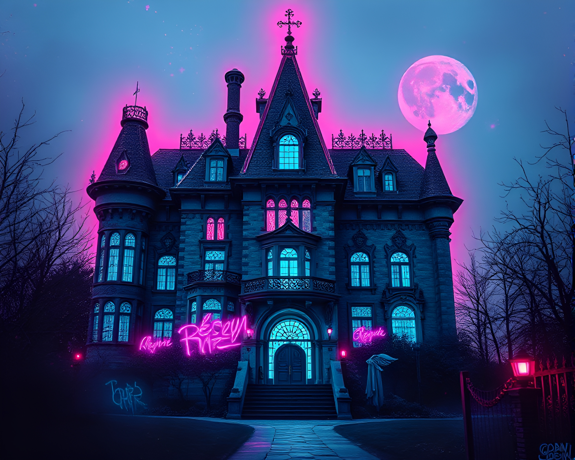 Neon Gothic Mansion with Tenebrism Style – free AI stock image
