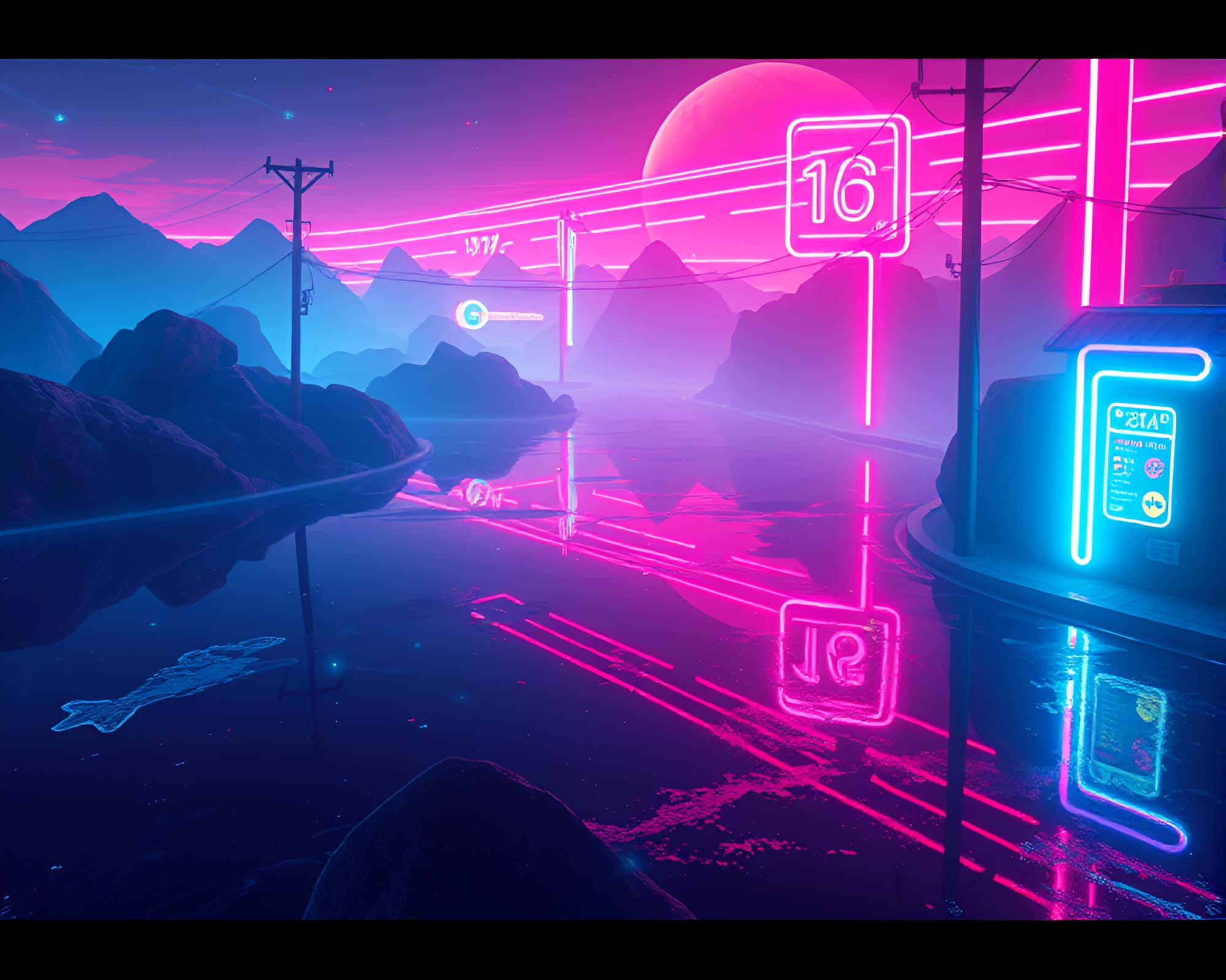 Surreal Neon Dreamscape Reflecting Retro Pixel Art – free AI stock image