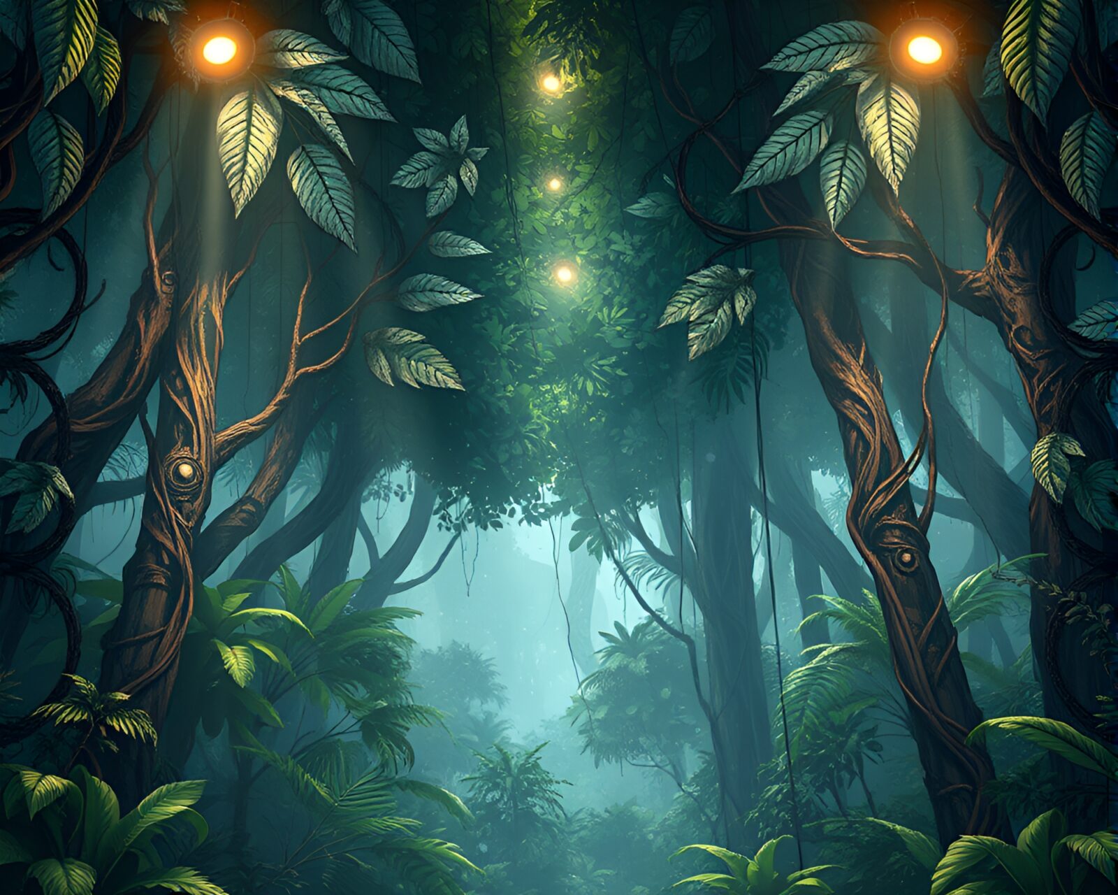 Illustration of steampunk rainforest canopy with silver leaf accents