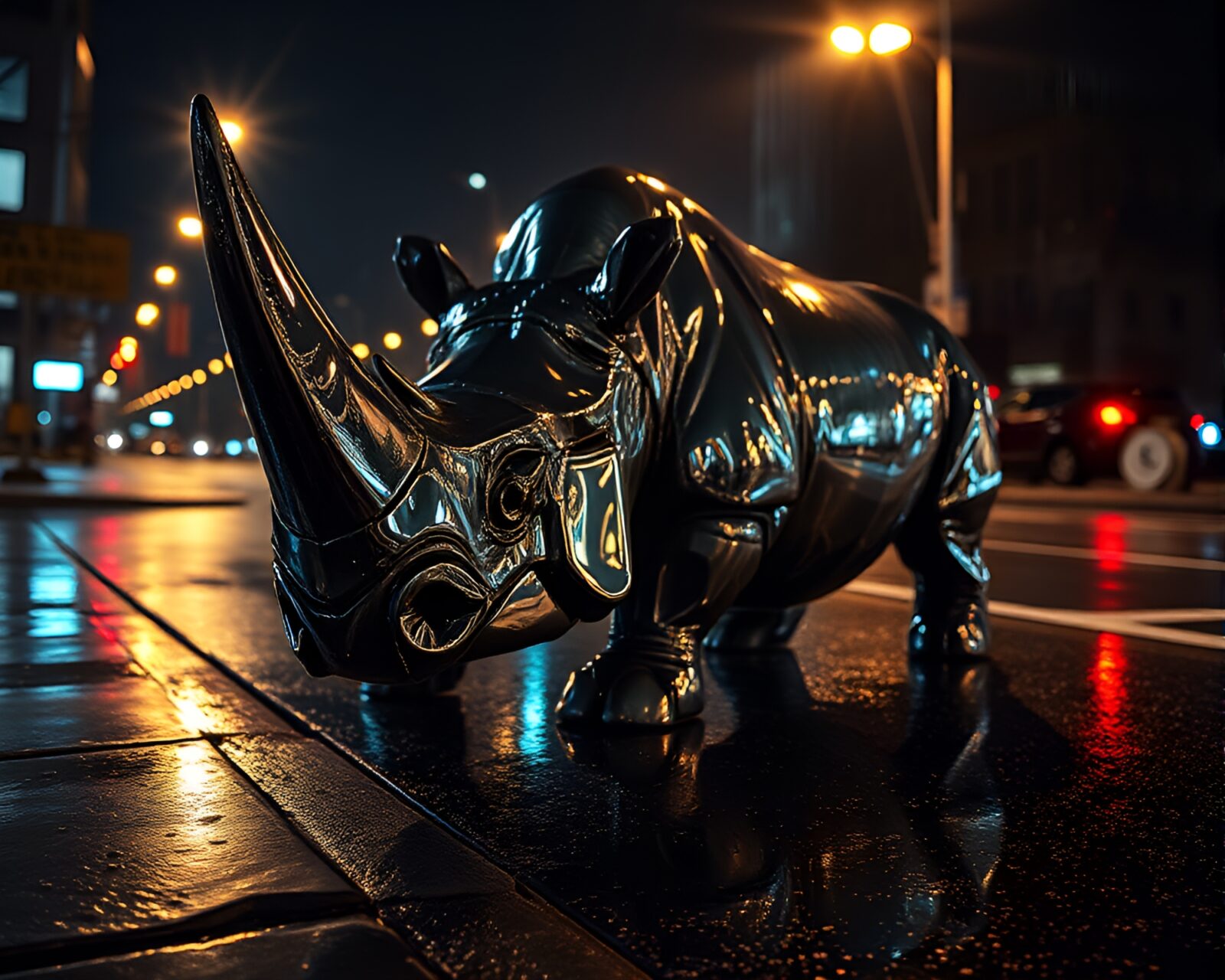 Futuristic rhinoceros reflecting off broken mirror with streetlamp glow