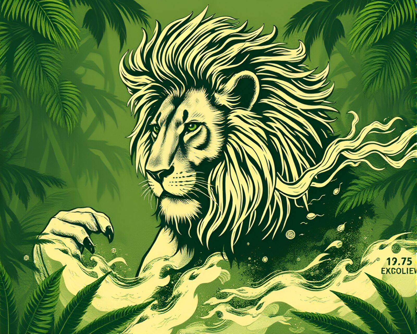 Woodcut style lion grooming with delicate feathers in green haze