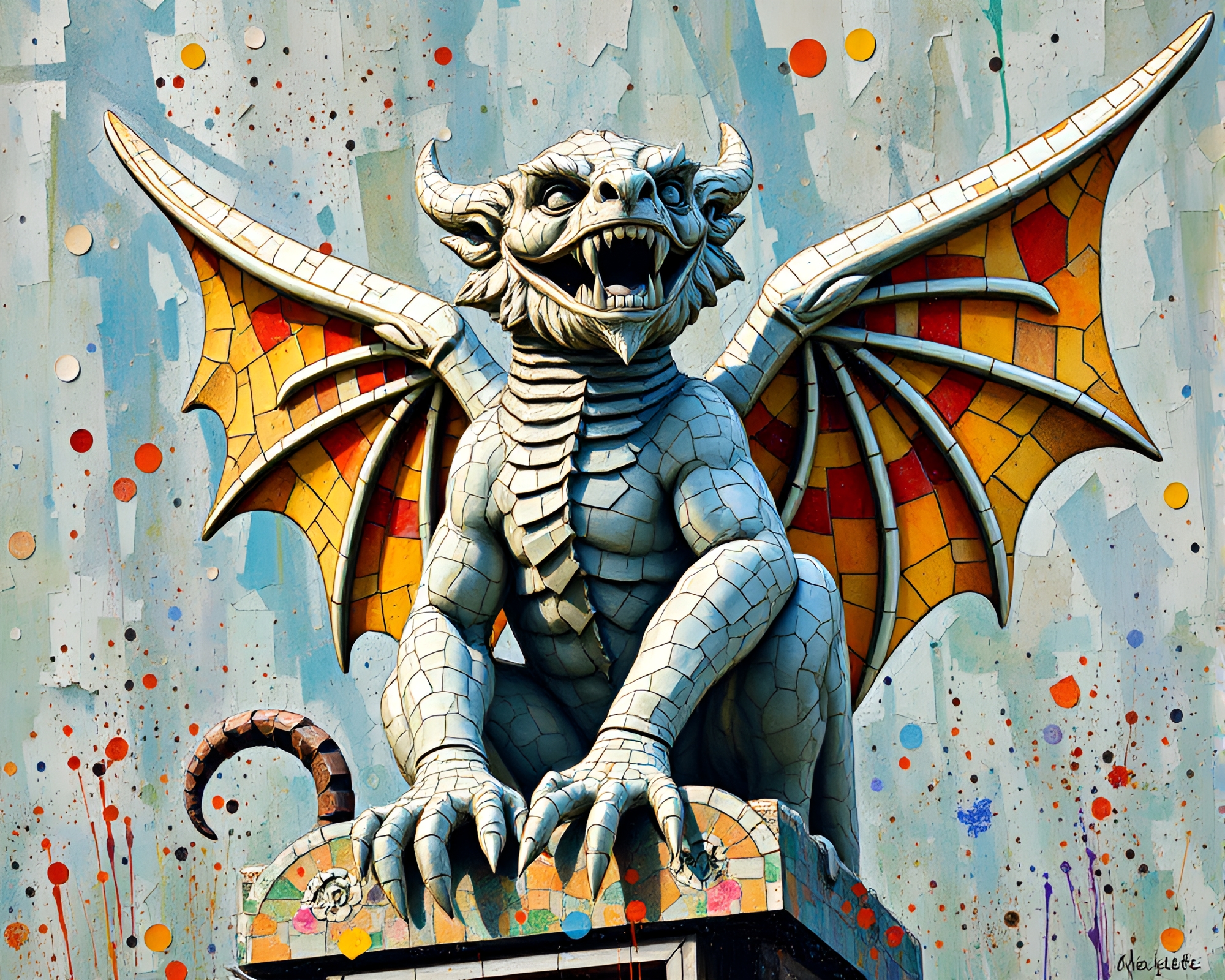 Fragmented Gargoyle Statue in Tempera Paint Splatter – free AI stock image