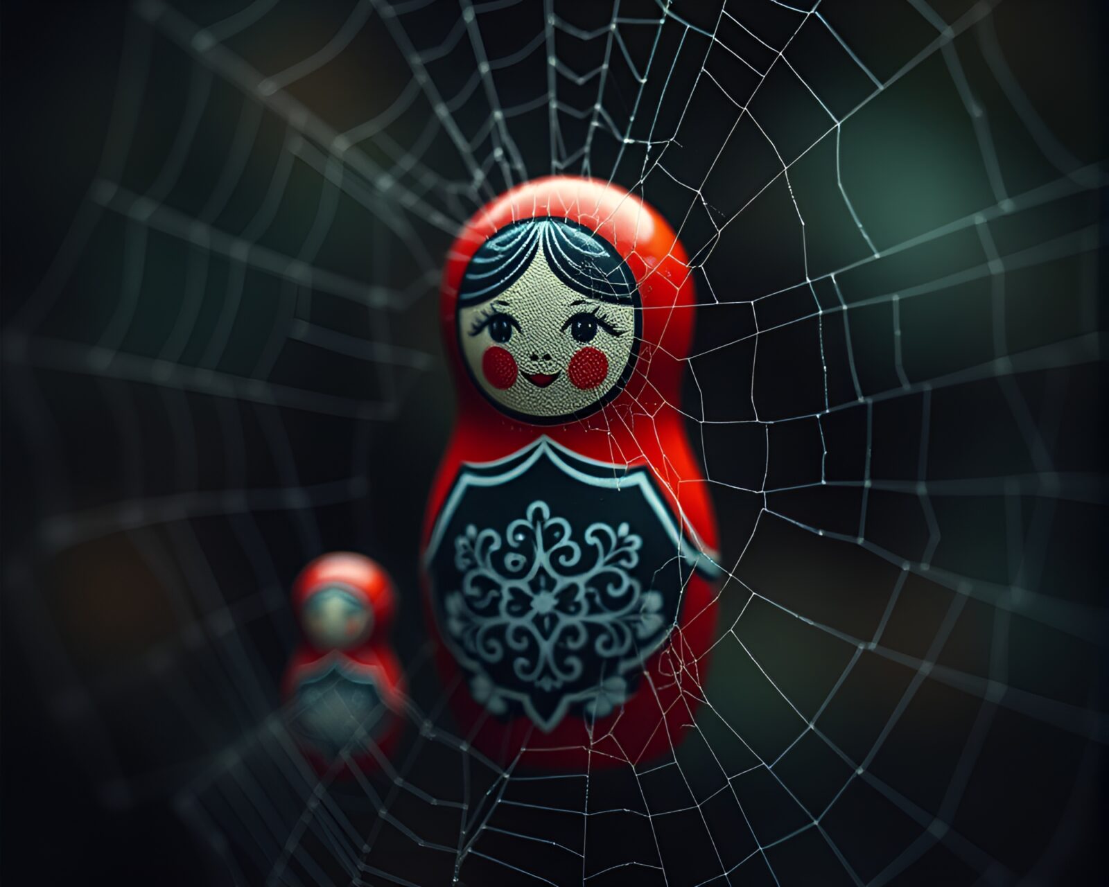 Matryoshka Doll in moody cobweb-filled room, vintage film quality