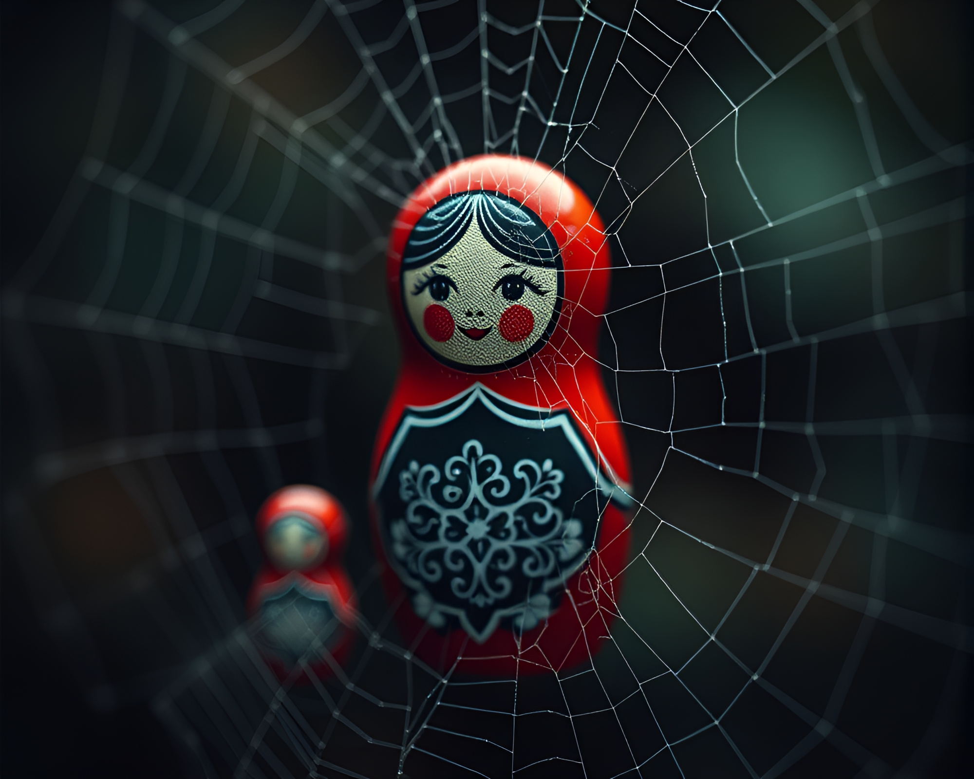 Matryoshka Doll surrounded by Cobweb Strands in Grainy Film – free AI stock image