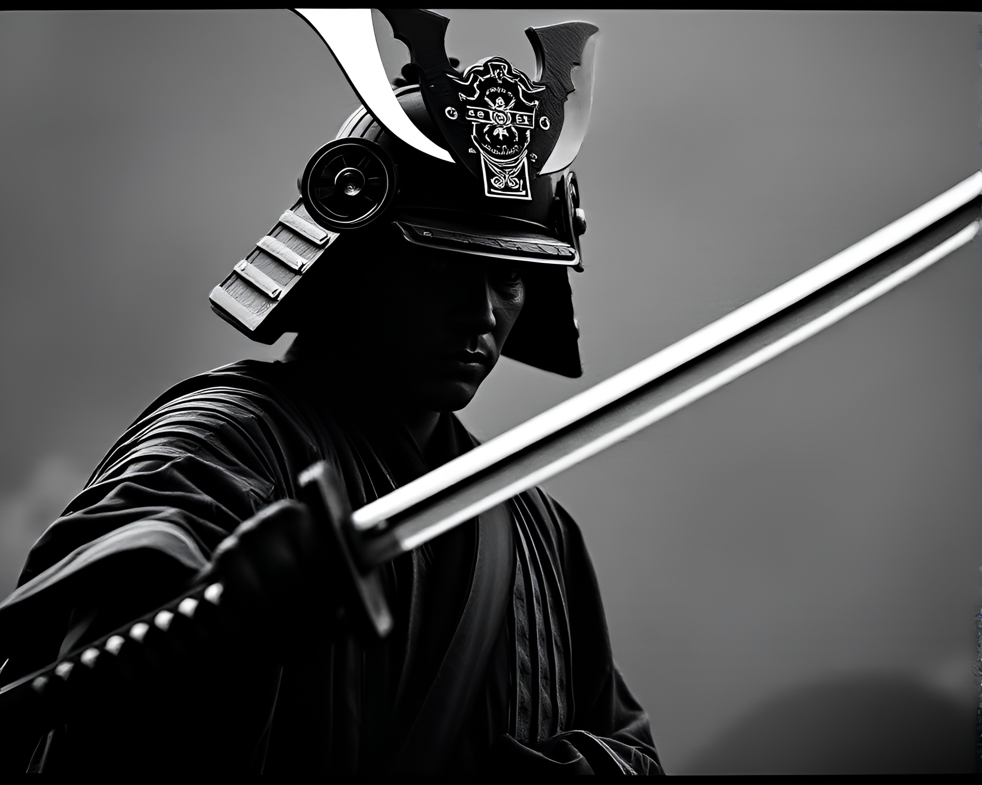 Halftone Grid Samurai Sword: Film Grain Duochrome Masterpiece – free AI stock image