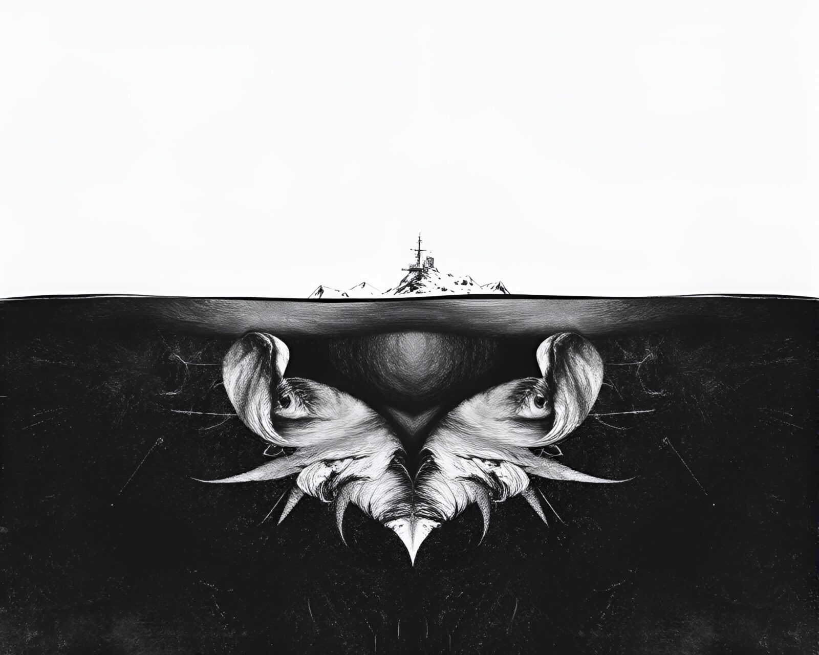 A symmetrical Arctic scene of submersible in snowy whiteout