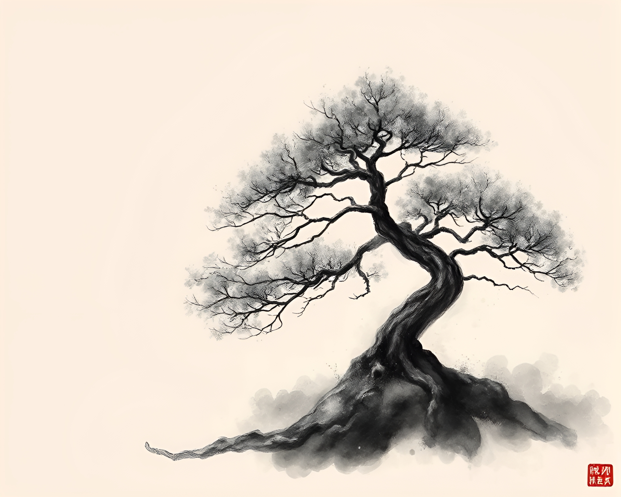 Serene Bonsai Tree with Dust Overlay – free AI stock image