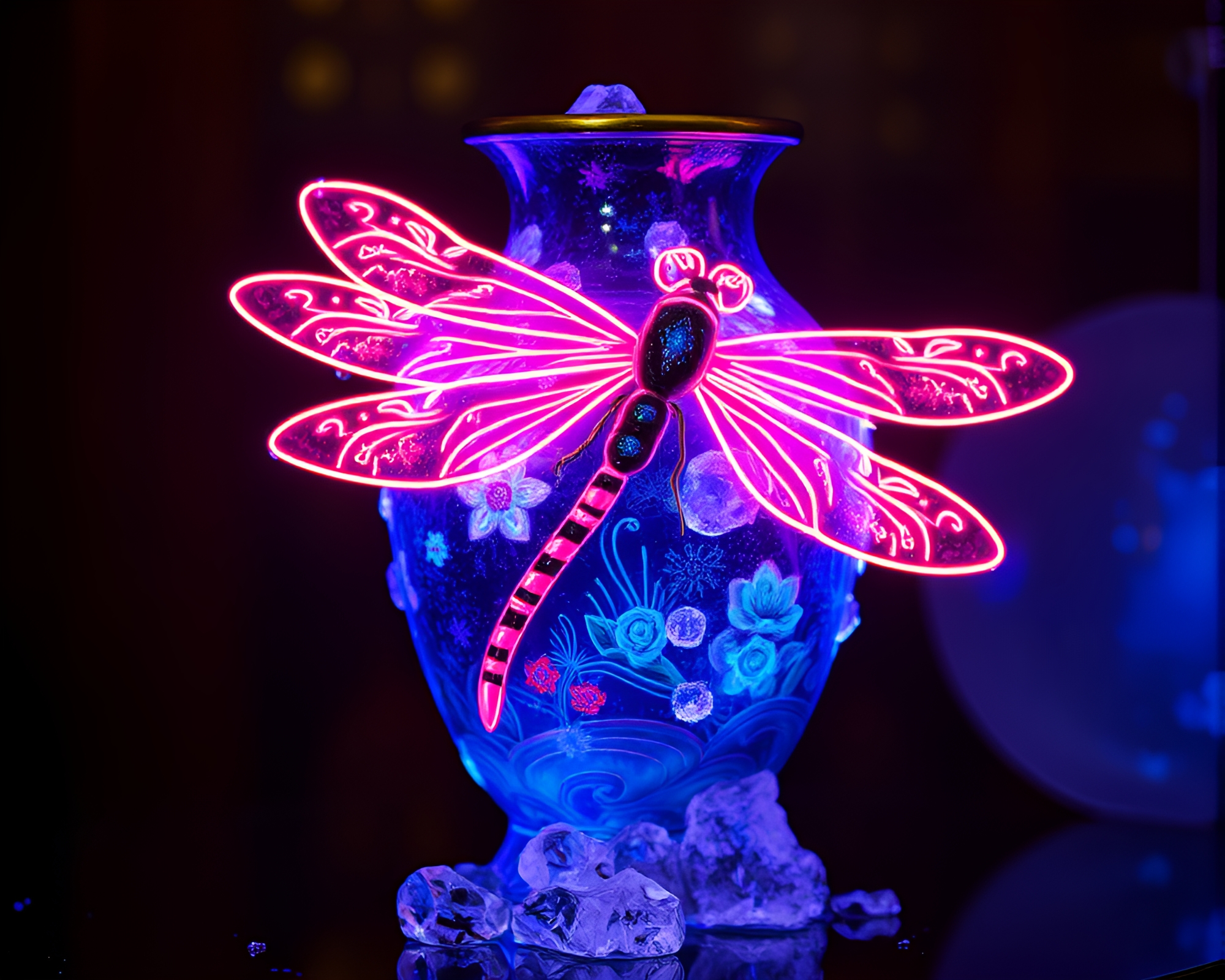 Glowing Firefly Ice Crystals in Neon Cloisonné Vase – free AI stock image