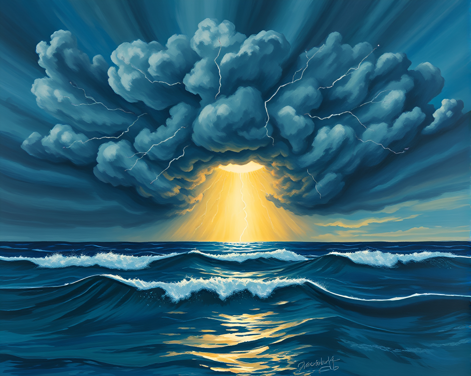 Spiral Thunderstorm: Gouache Ocean Painting – free AI stock image