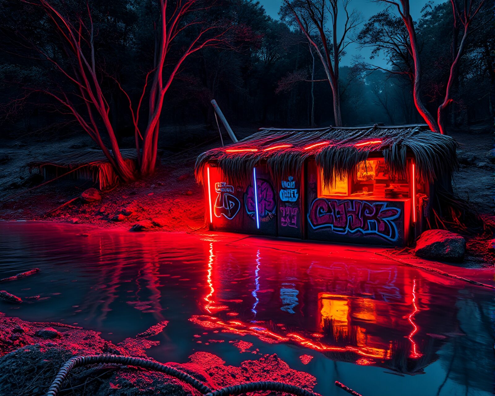 Mud hut distorted in neon reflections on water