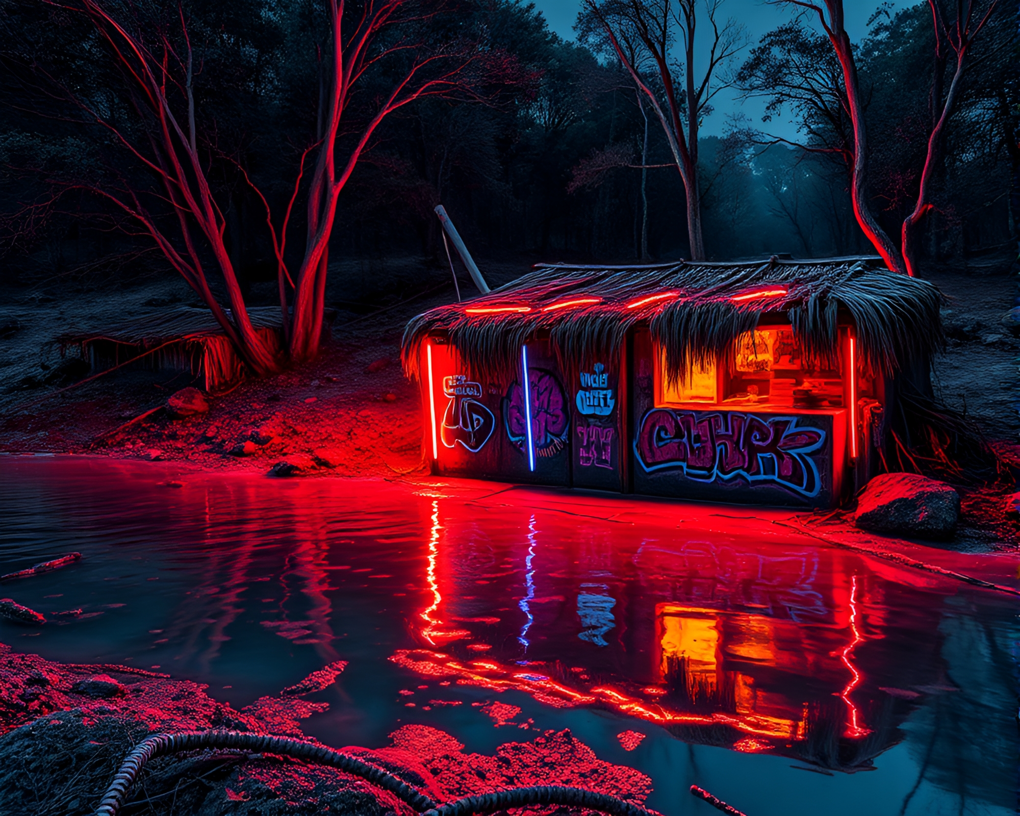Stereograph Neon Graffiti Mud Hut Reflection – free AI stock image
