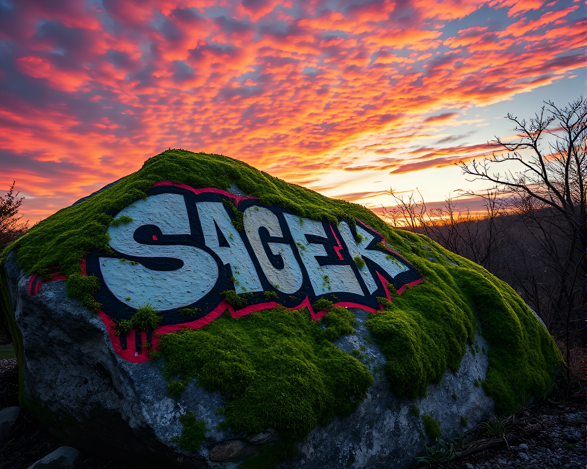 Sunset Glow on Moss-Covered Graffiti Mural – free AI stock image