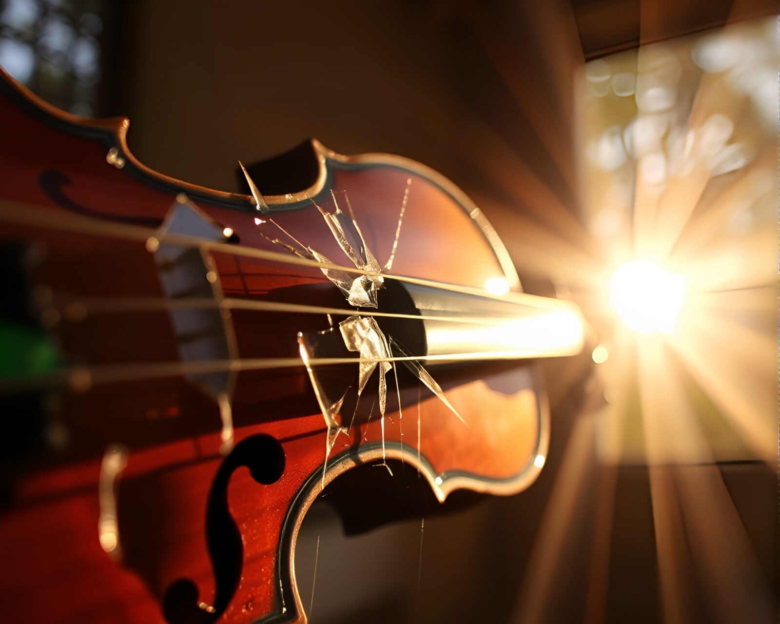 Soft focus image of wooden violin in broken glass