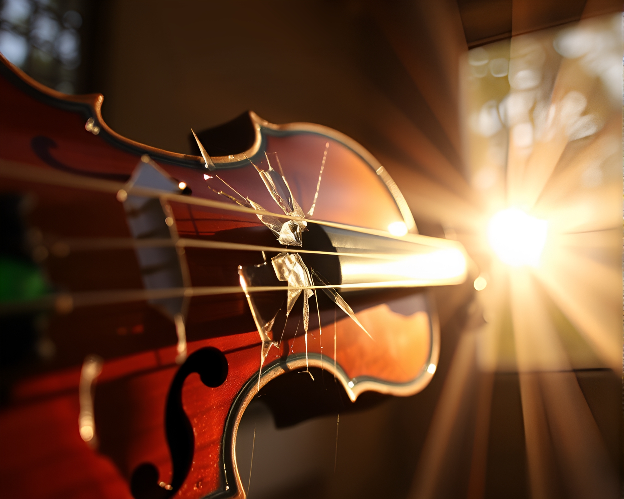Sunlit violin reflected in broken glass – free AI stock image
