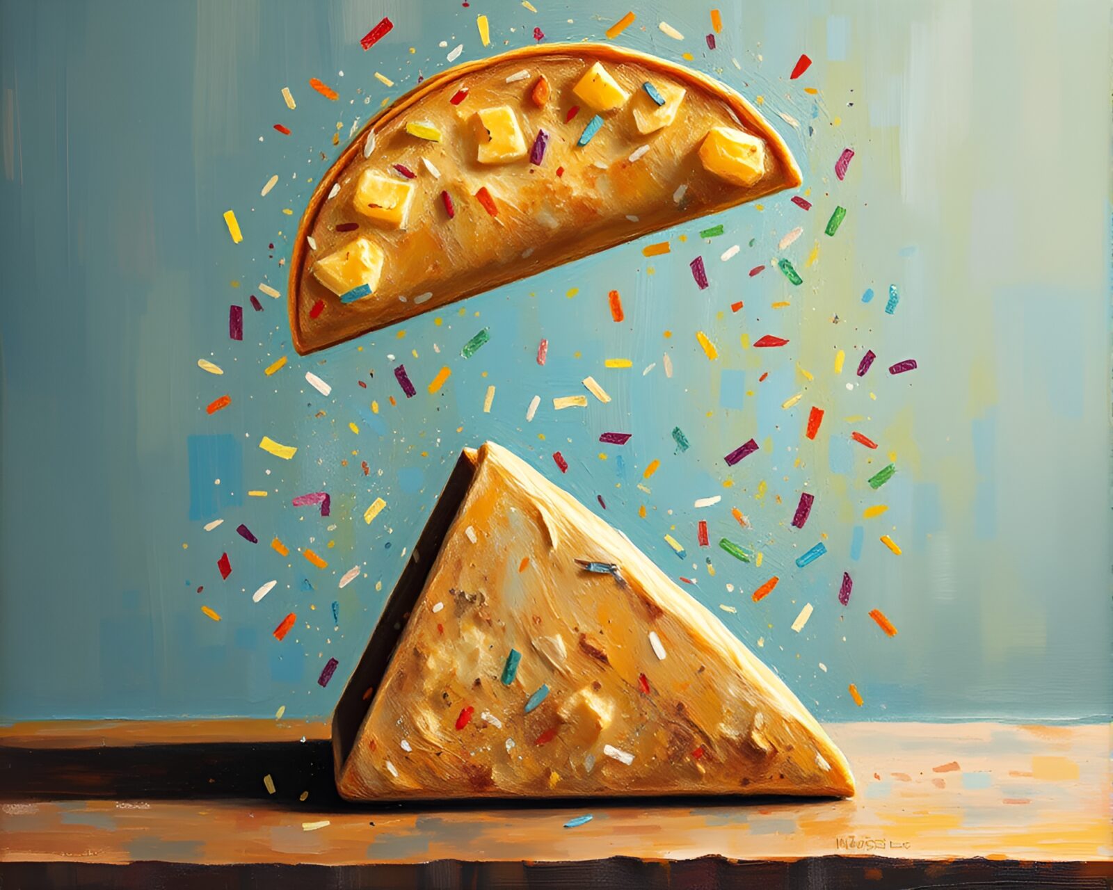 Colorful oil painting of bustling taco stand under confetti skies