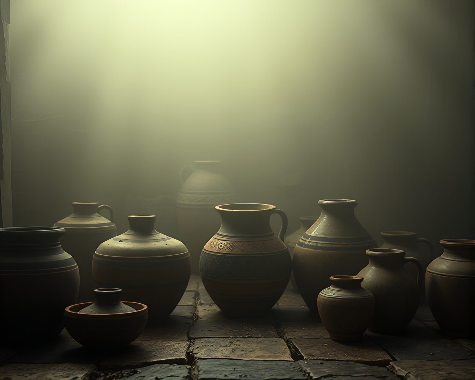 Wireframe render of pottery in foggy light leaks