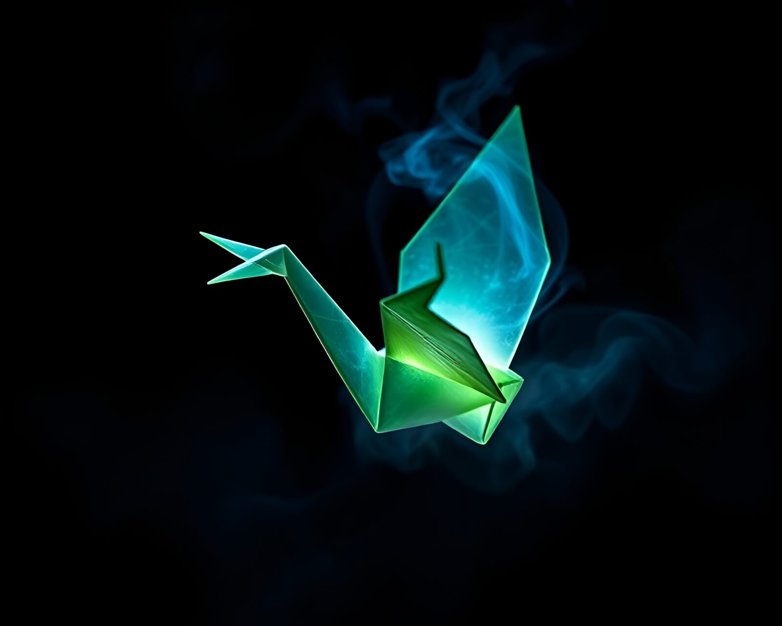Glow-in-the-dark origami crane in misty underpainting scene