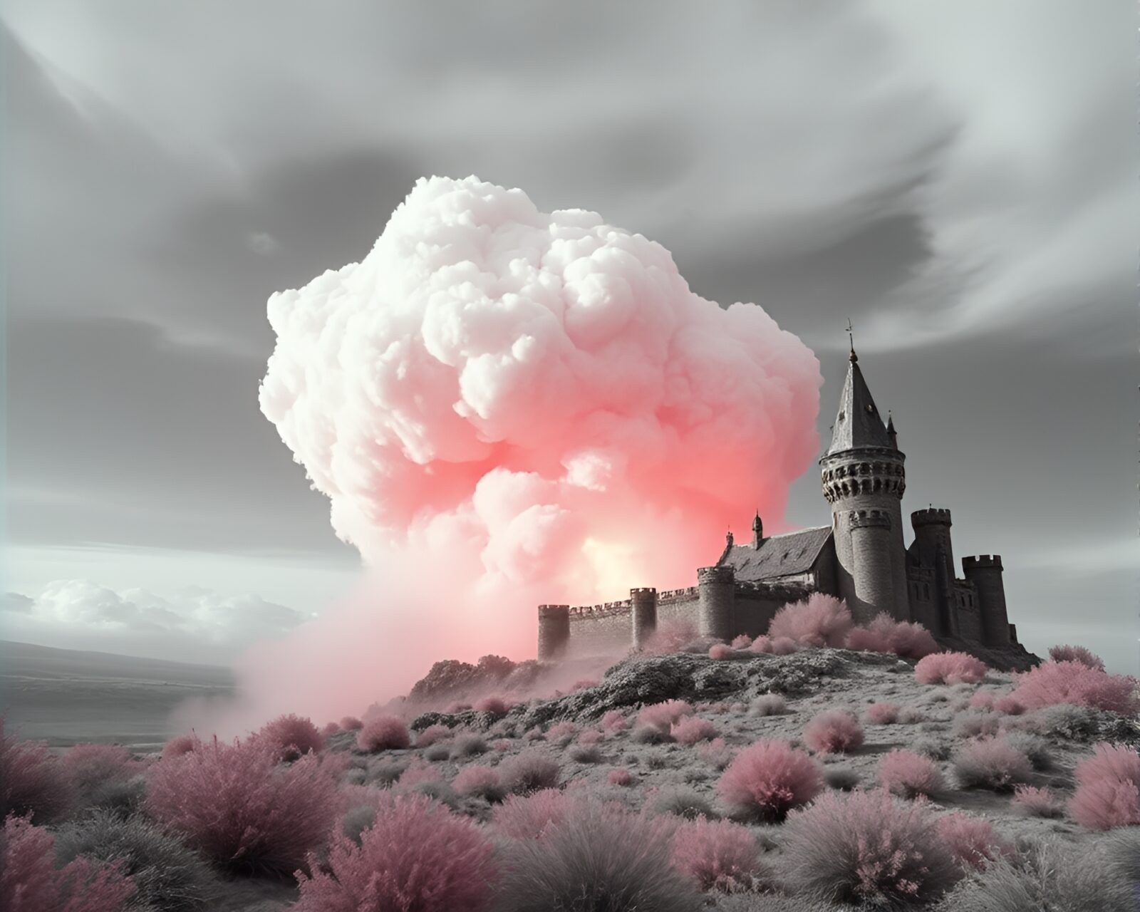 Deserted castle engulfed by ethereal infrared explosion cloud