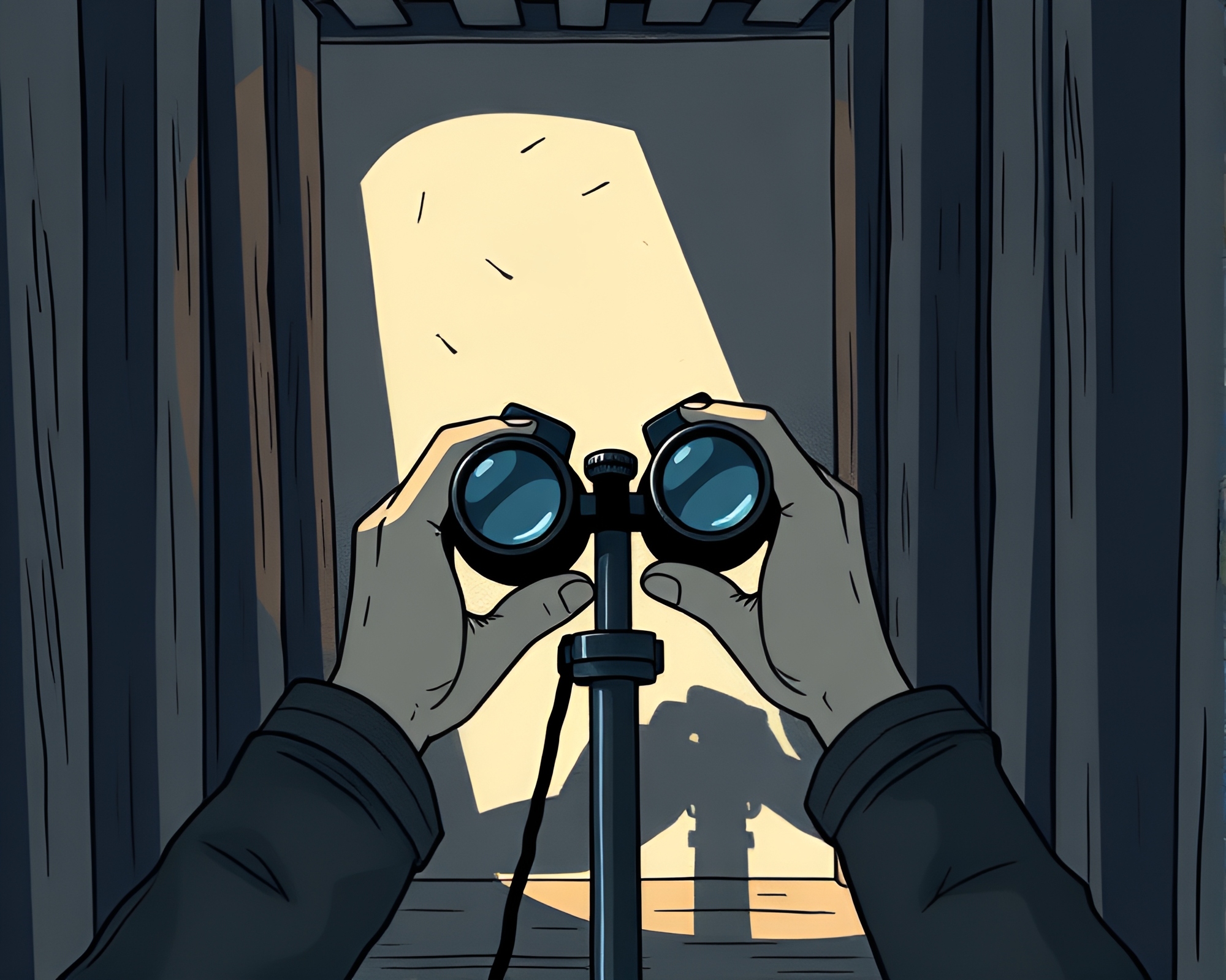Binoculars Gazing through Layers in Shadowy Attic – free AI stock image