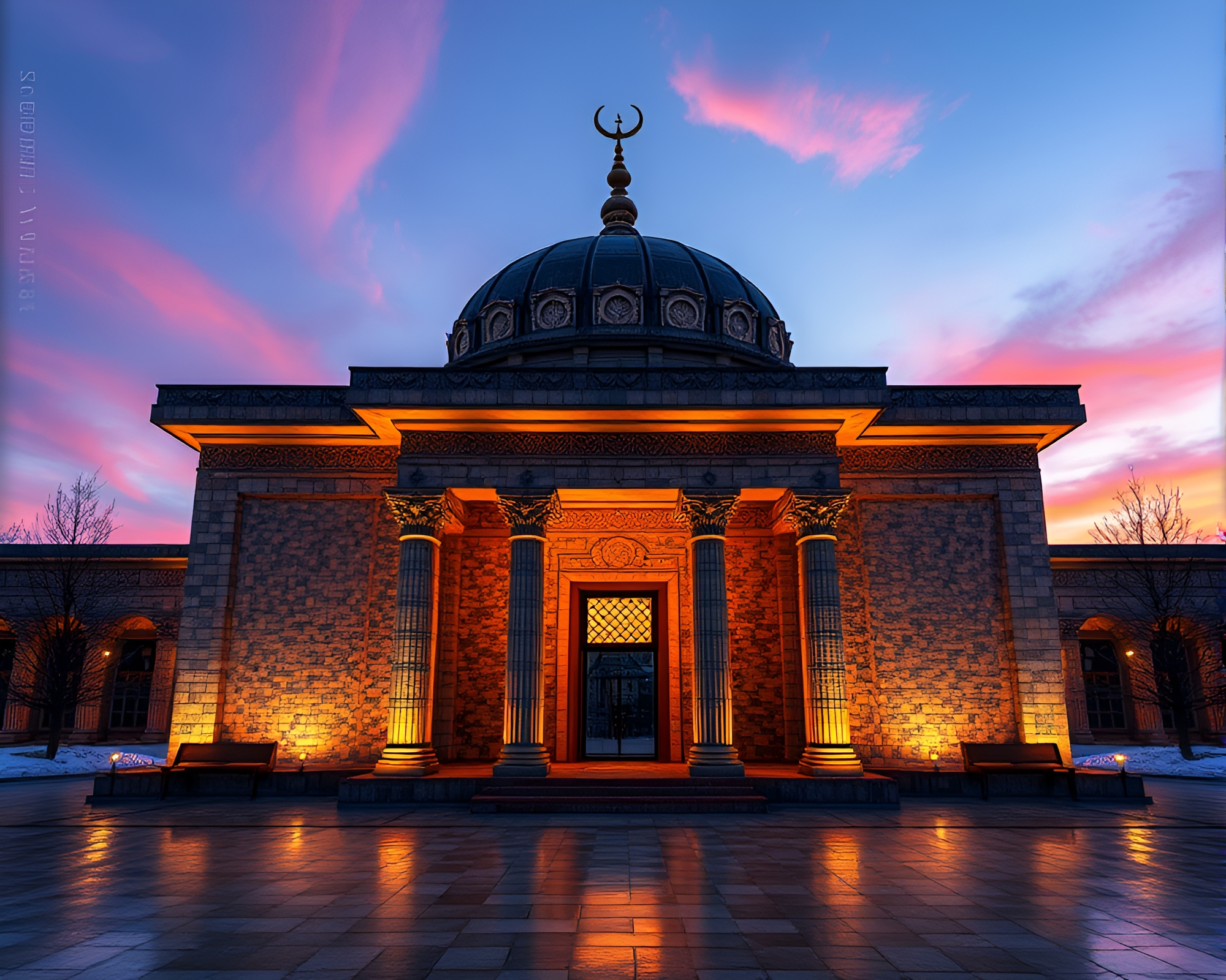 Twilight Temple: Mosaic Beauty in Architectural Frame – free AI stock image