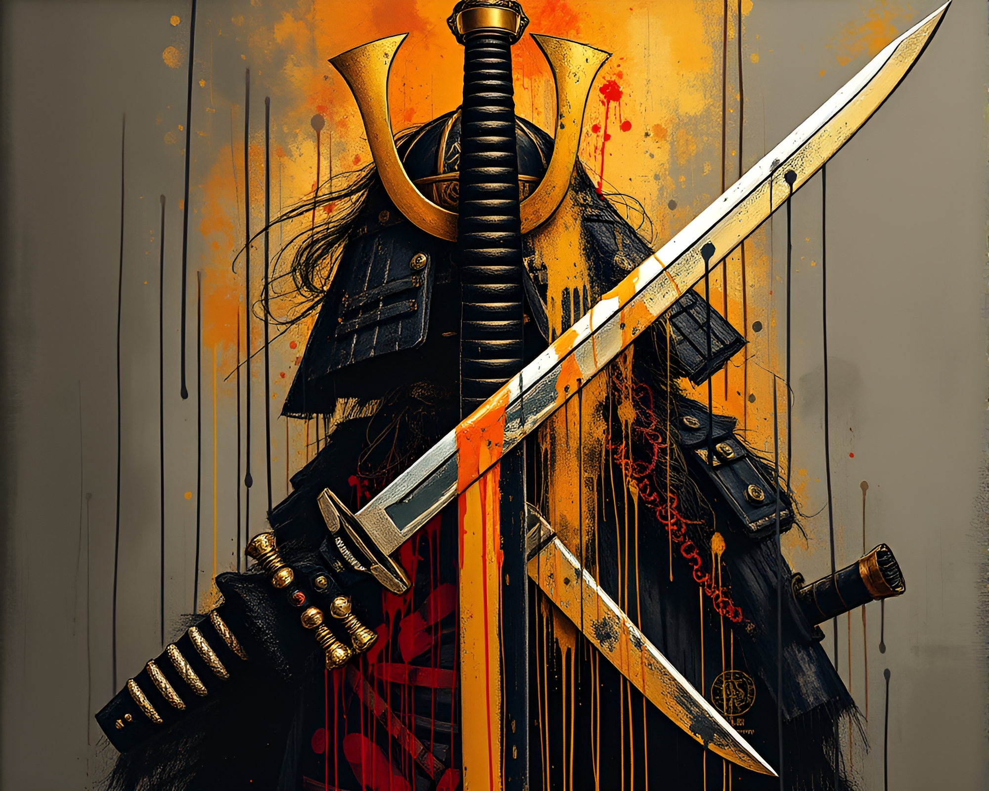 Samurai Warrior in Golden Savannah with Spray Paint Drips – free AI stock image