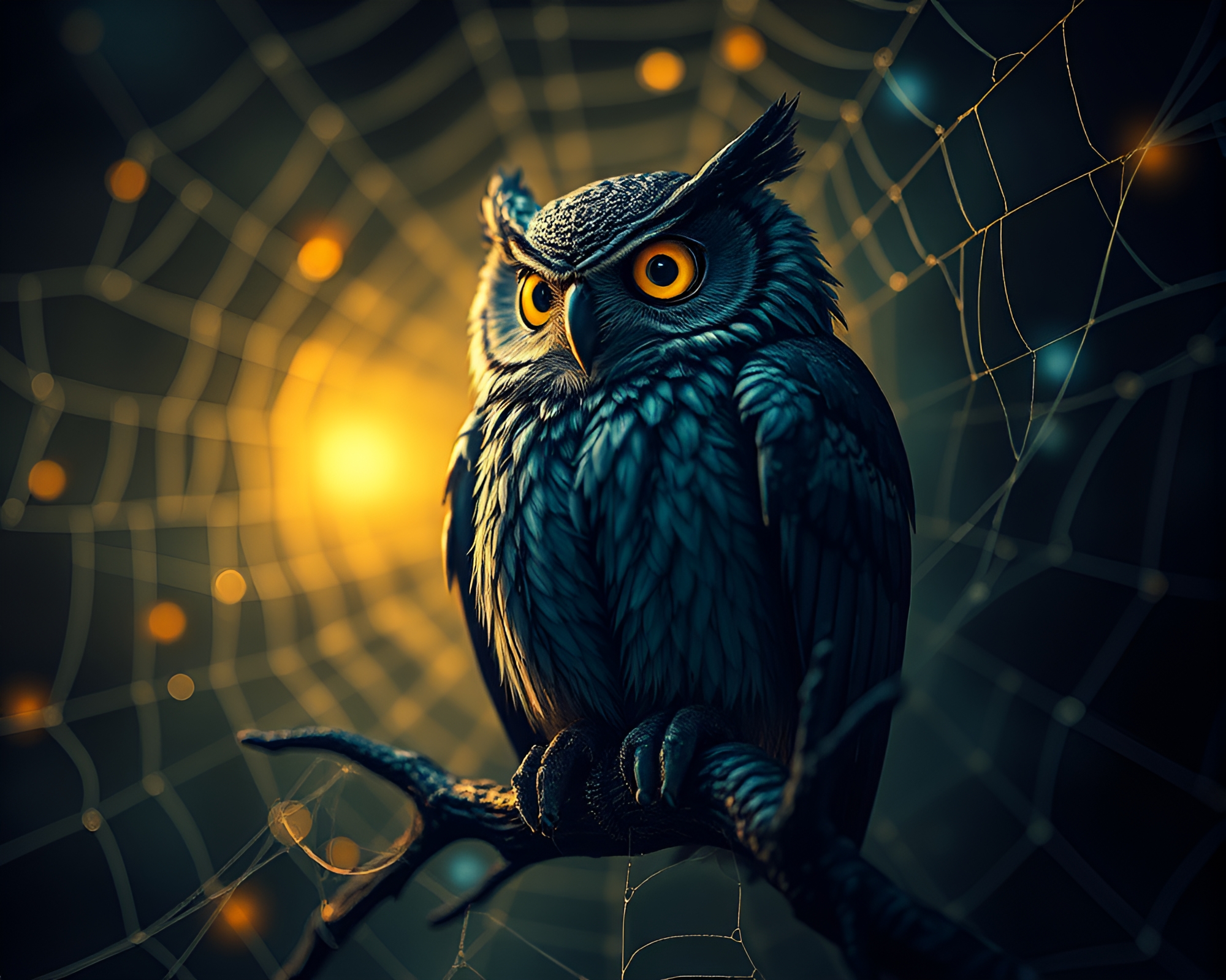 Clockwork owl amidst cobweb strands with fractal glow – free AI stock image