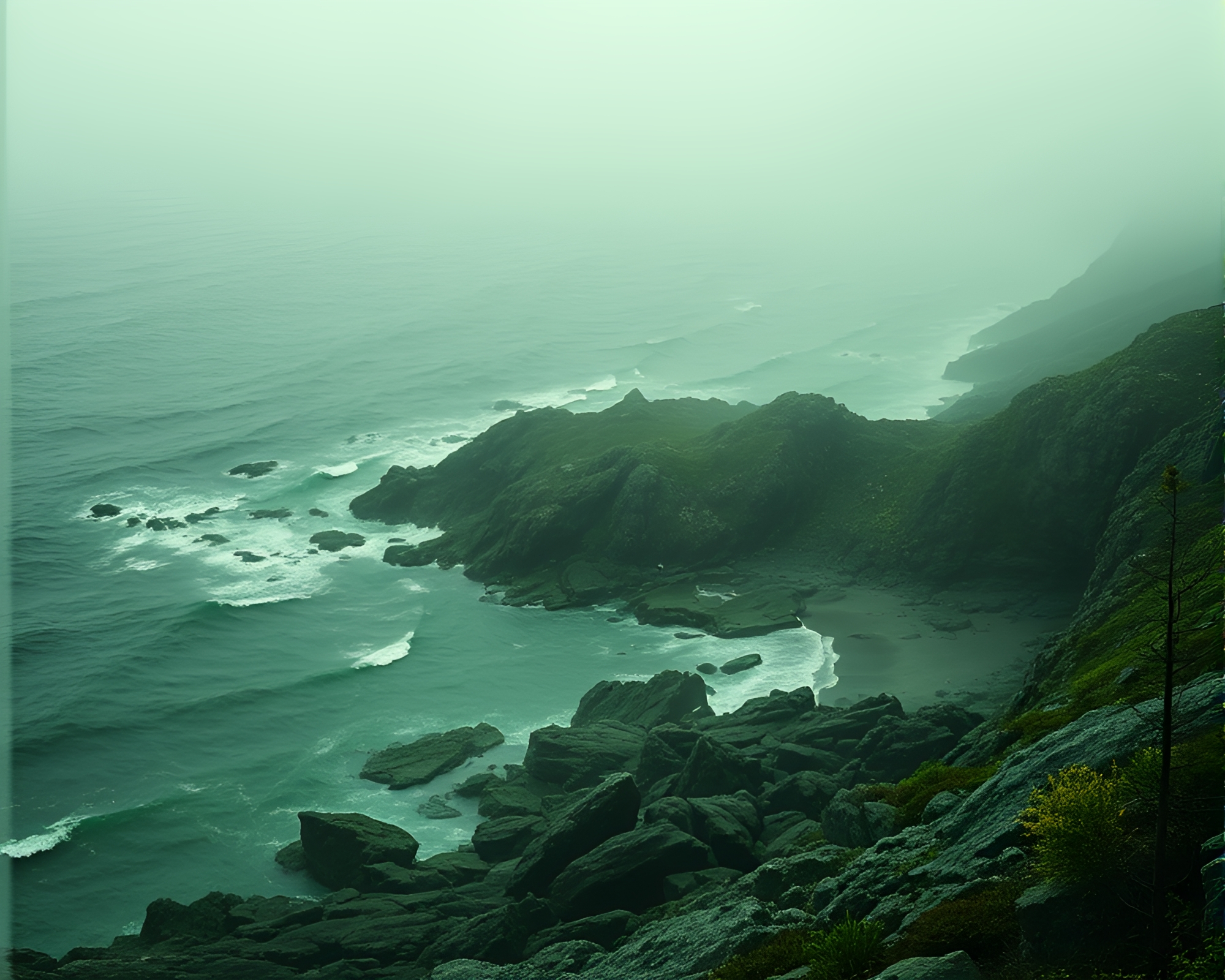 Enchanted Forest Green Dust Particles on Rocky Coastline – free AI stock image