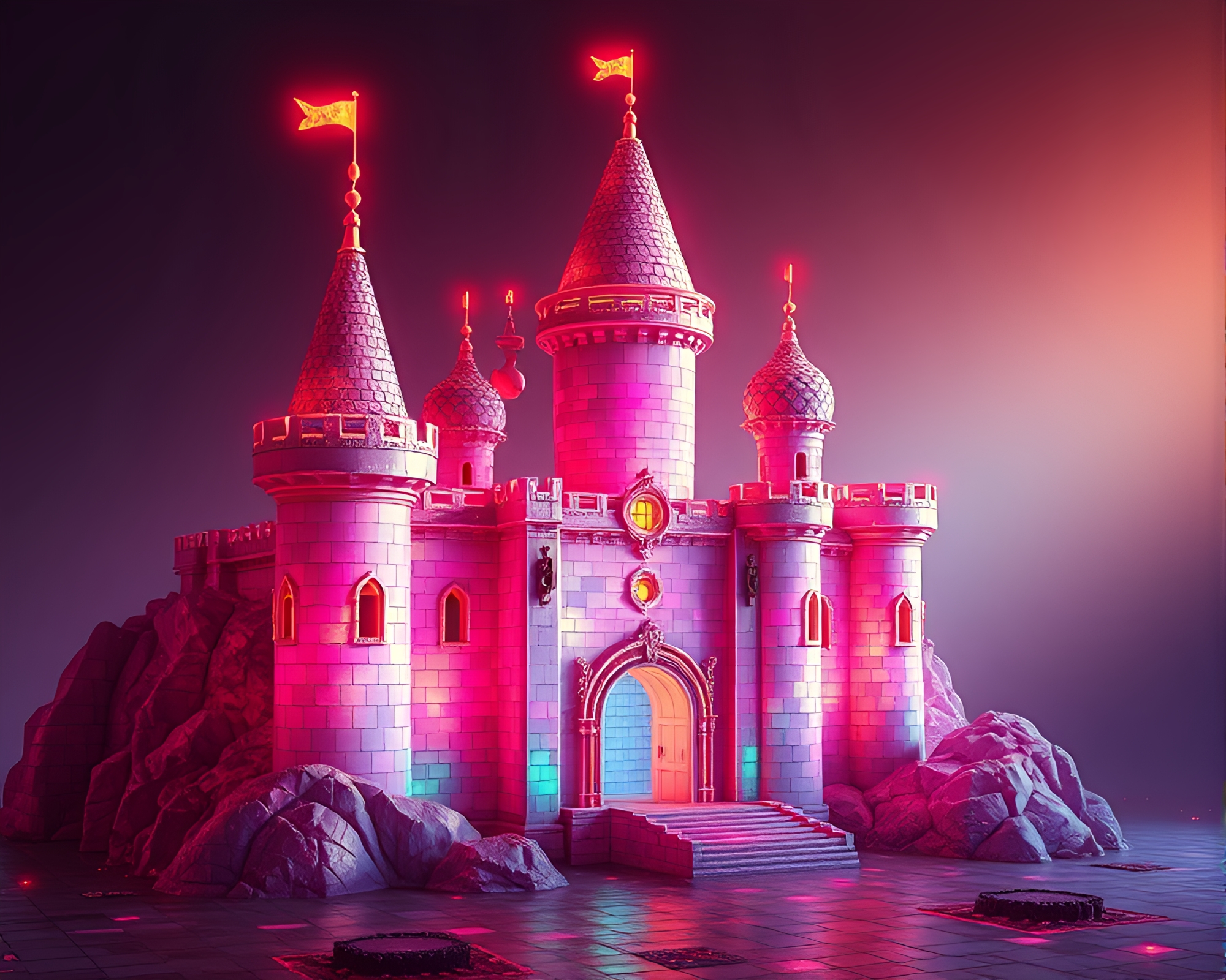Neon Castle Mosaic with Subsurface Scattering – free AI stock image