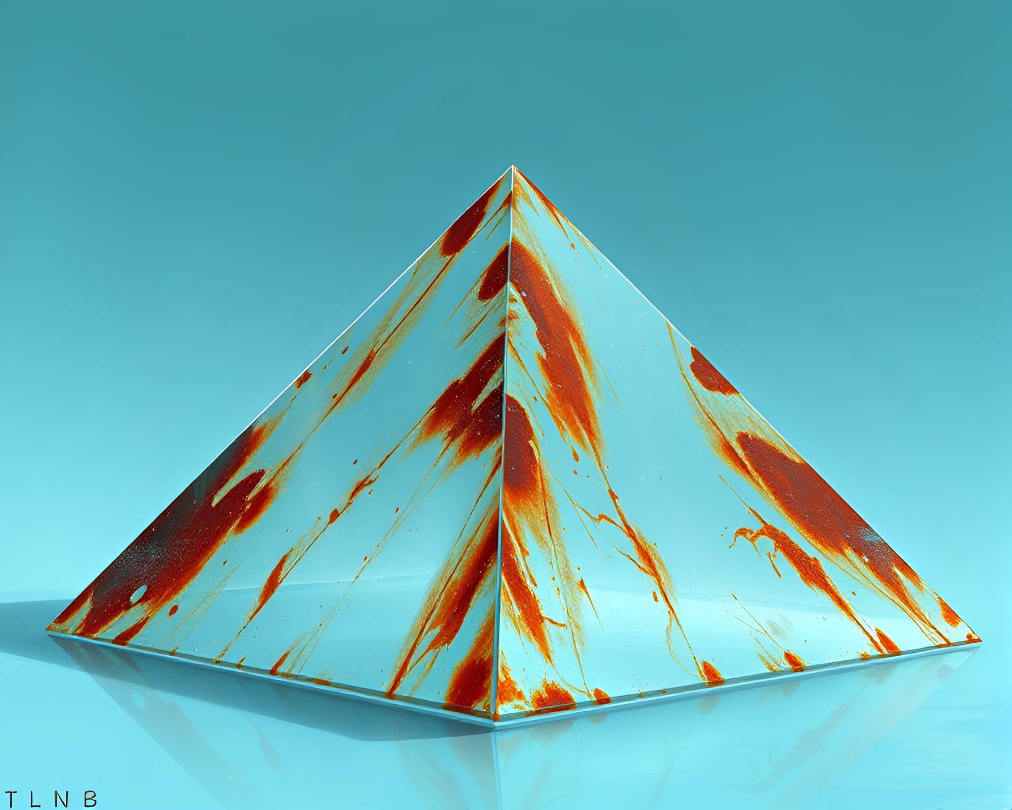 Glass pyramid in icy blue haze with rusted streaks – free AI stock image