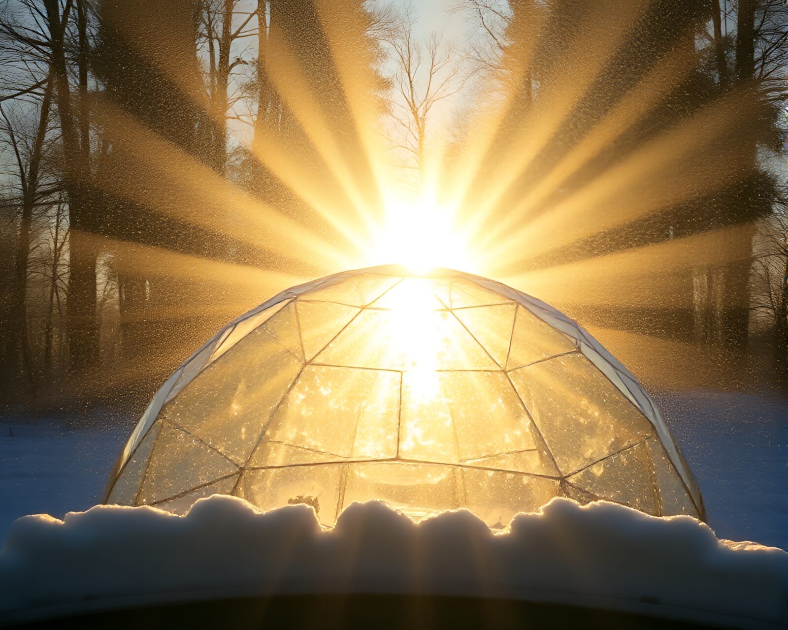 Dreamlike glass igloo bathed in sunbeam rays and light leaks