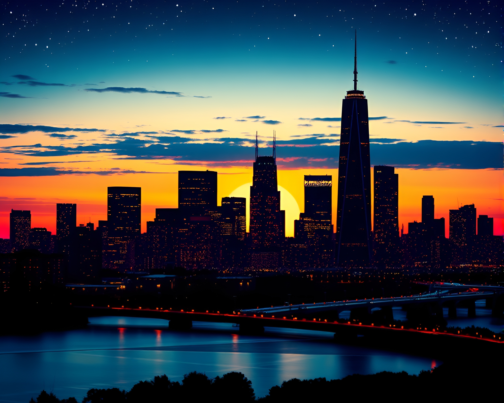 Sunset Golem Cityscape in Screenprint Dots CGI Render – free AI stock image