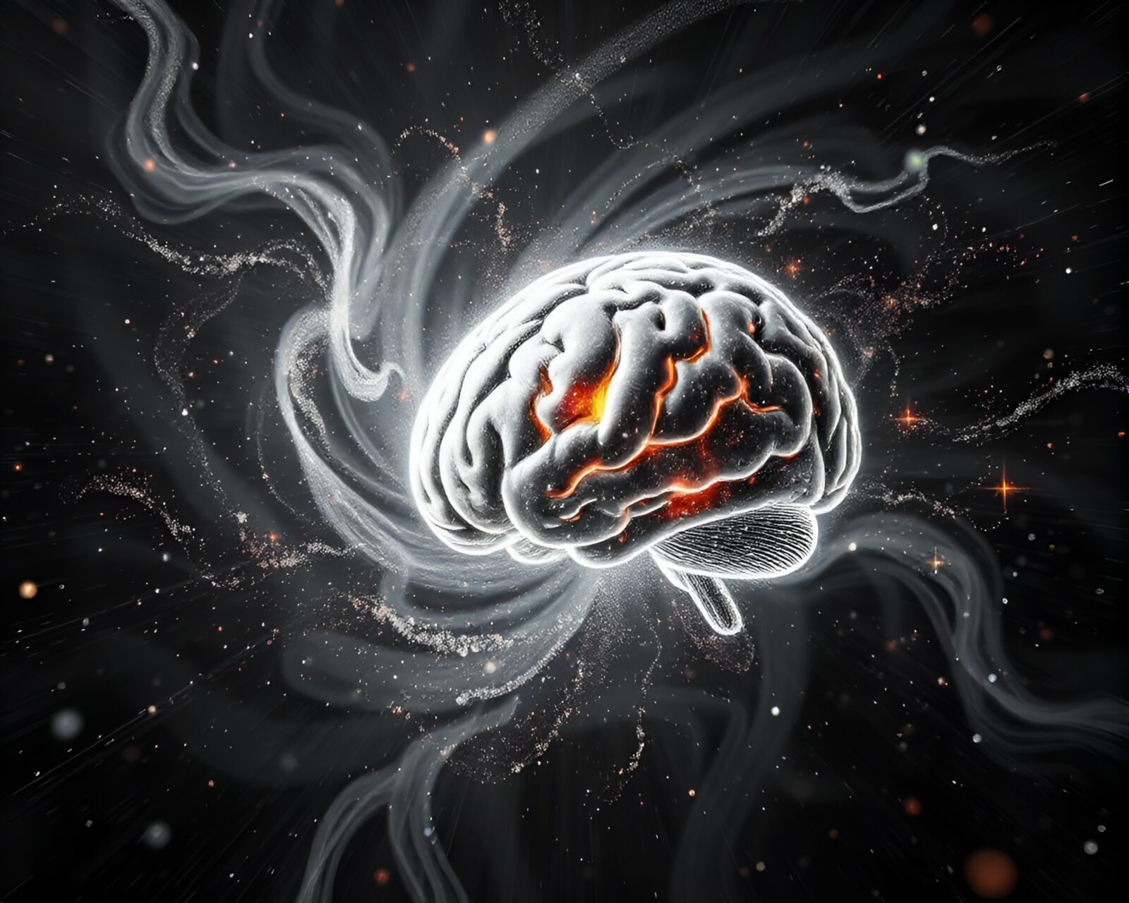 Glowing swirling vortex with AI brain in stardust light