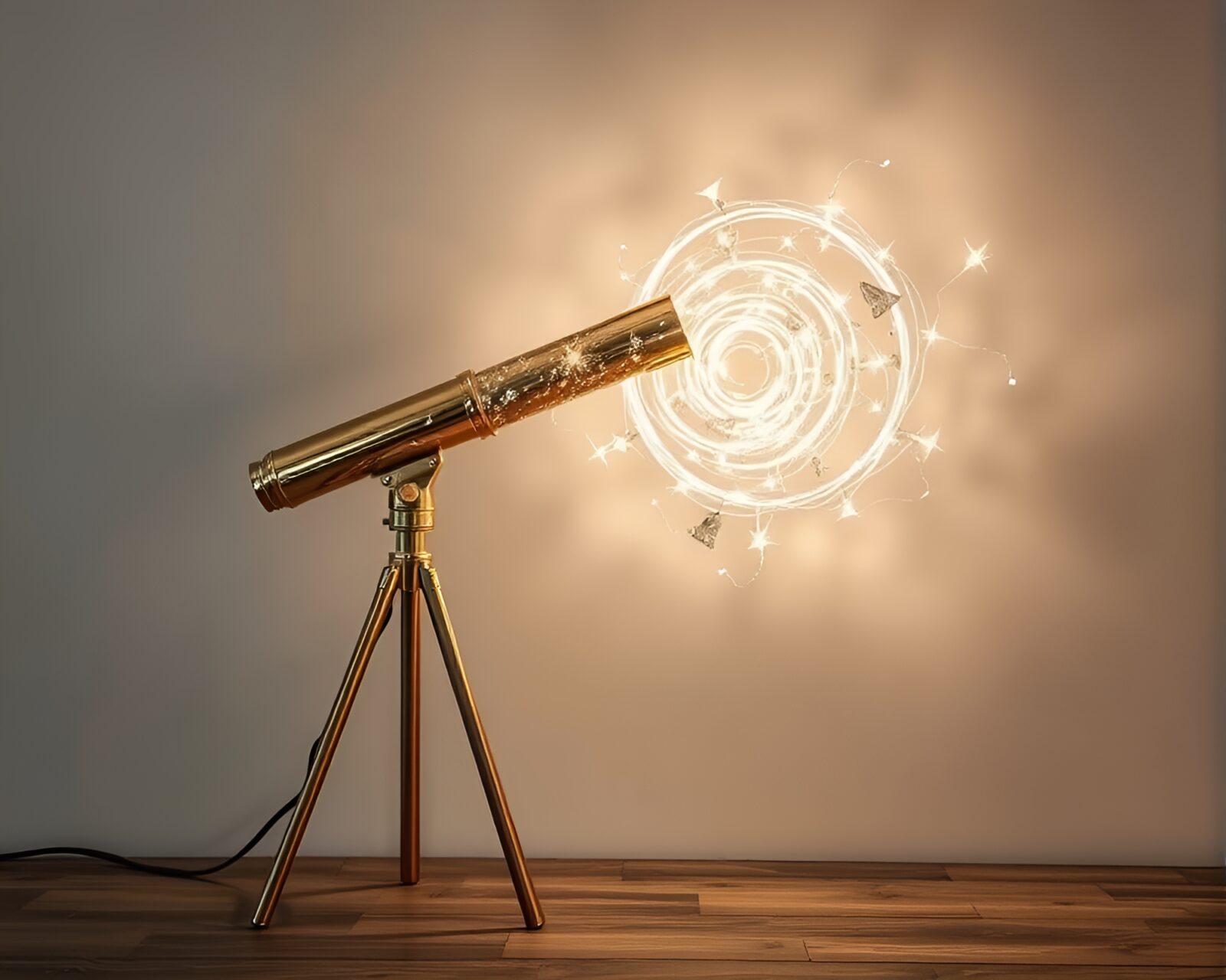 Shiny brass telescope with silver leaf and LED lights