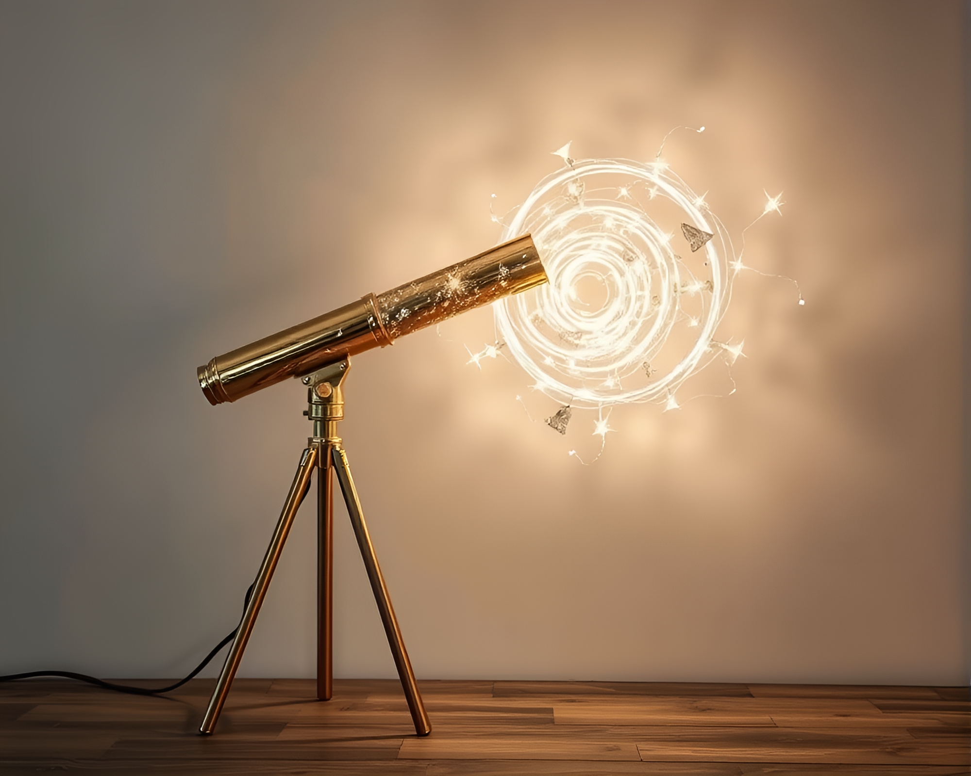 Brass telescope under milky way LED light art – free AI stock image