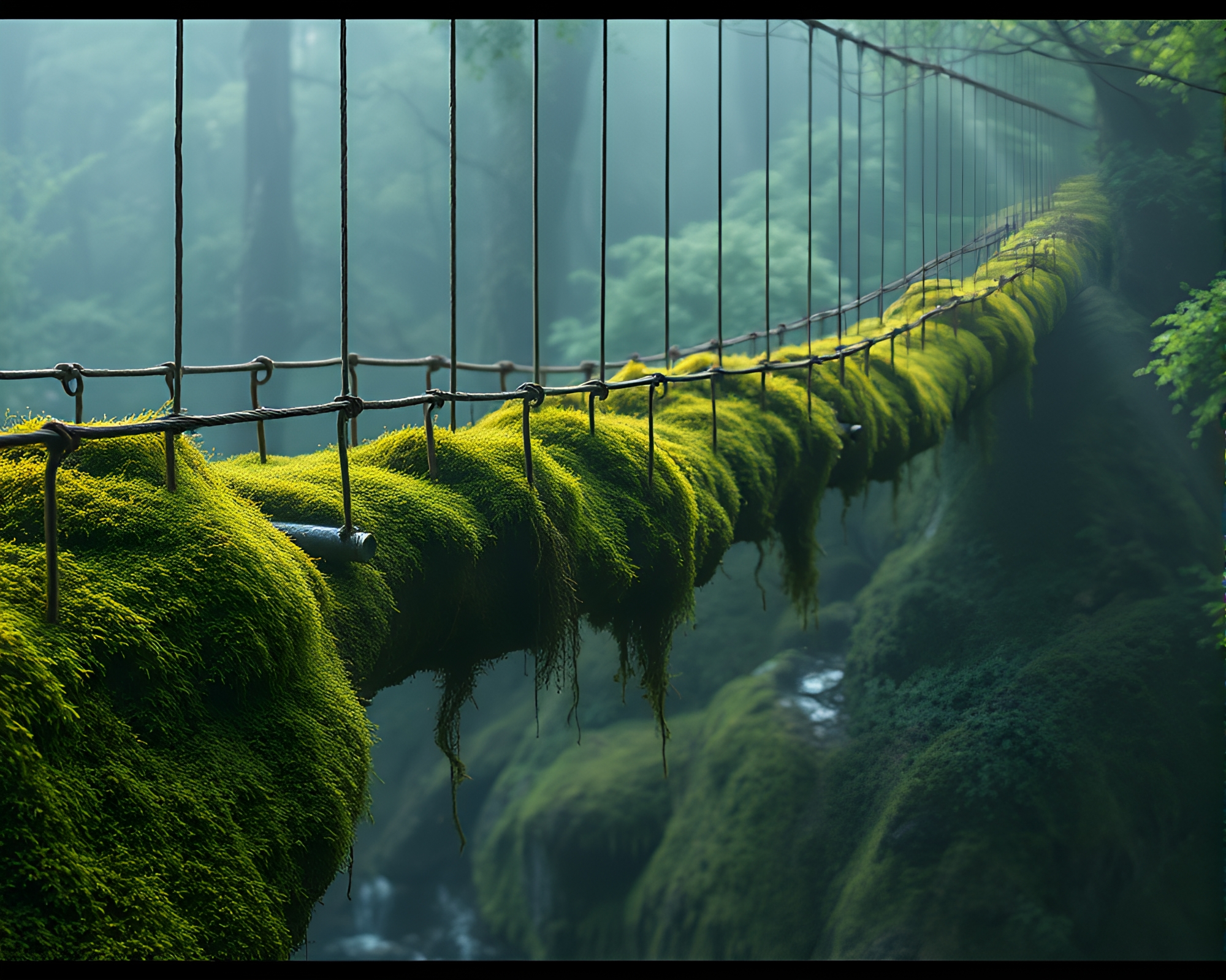 Moss-Covered Suspension Bridge with Light Streaks – free AI stock image