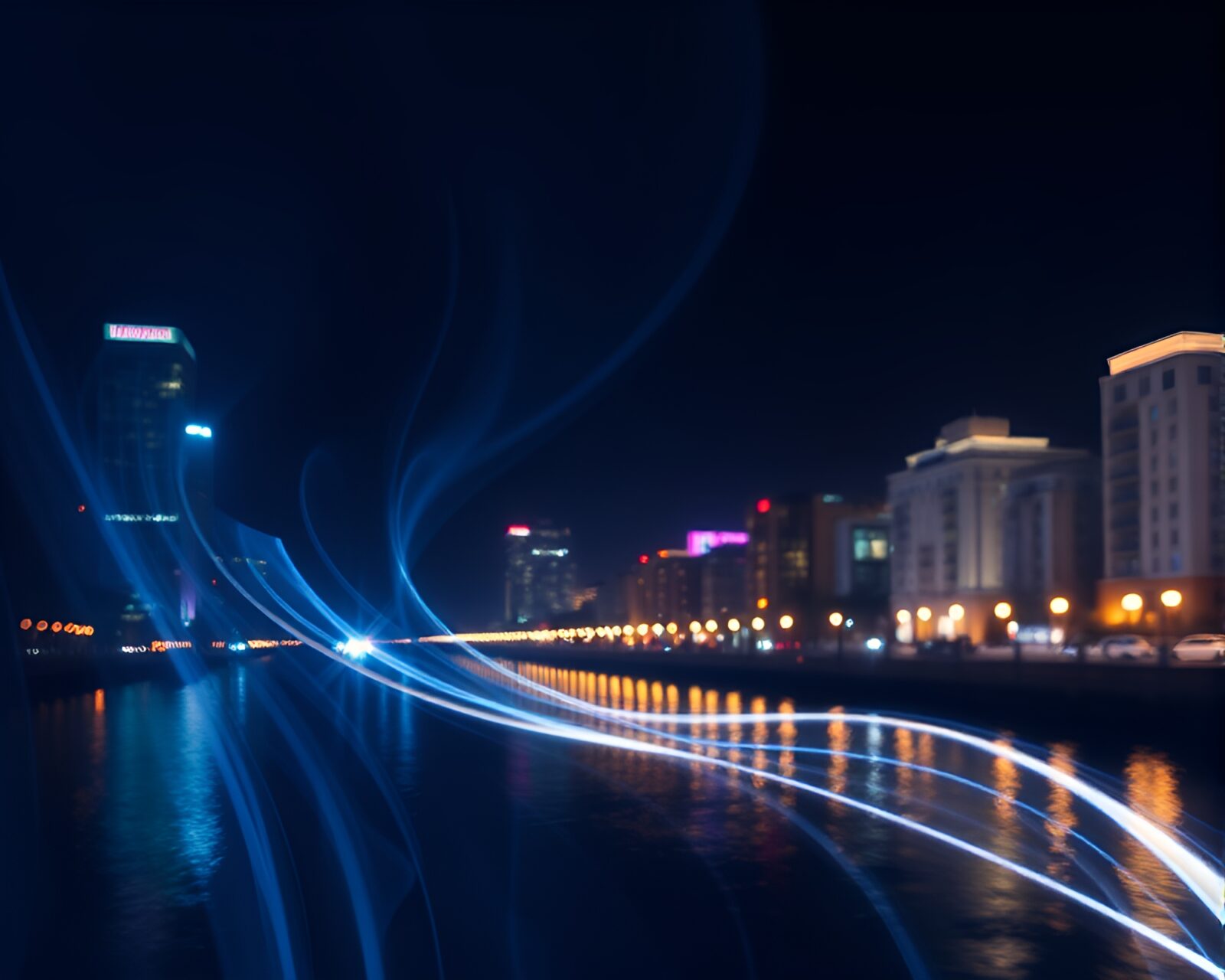 Surreal cityscape with shimmering water and flowing satin ribbon