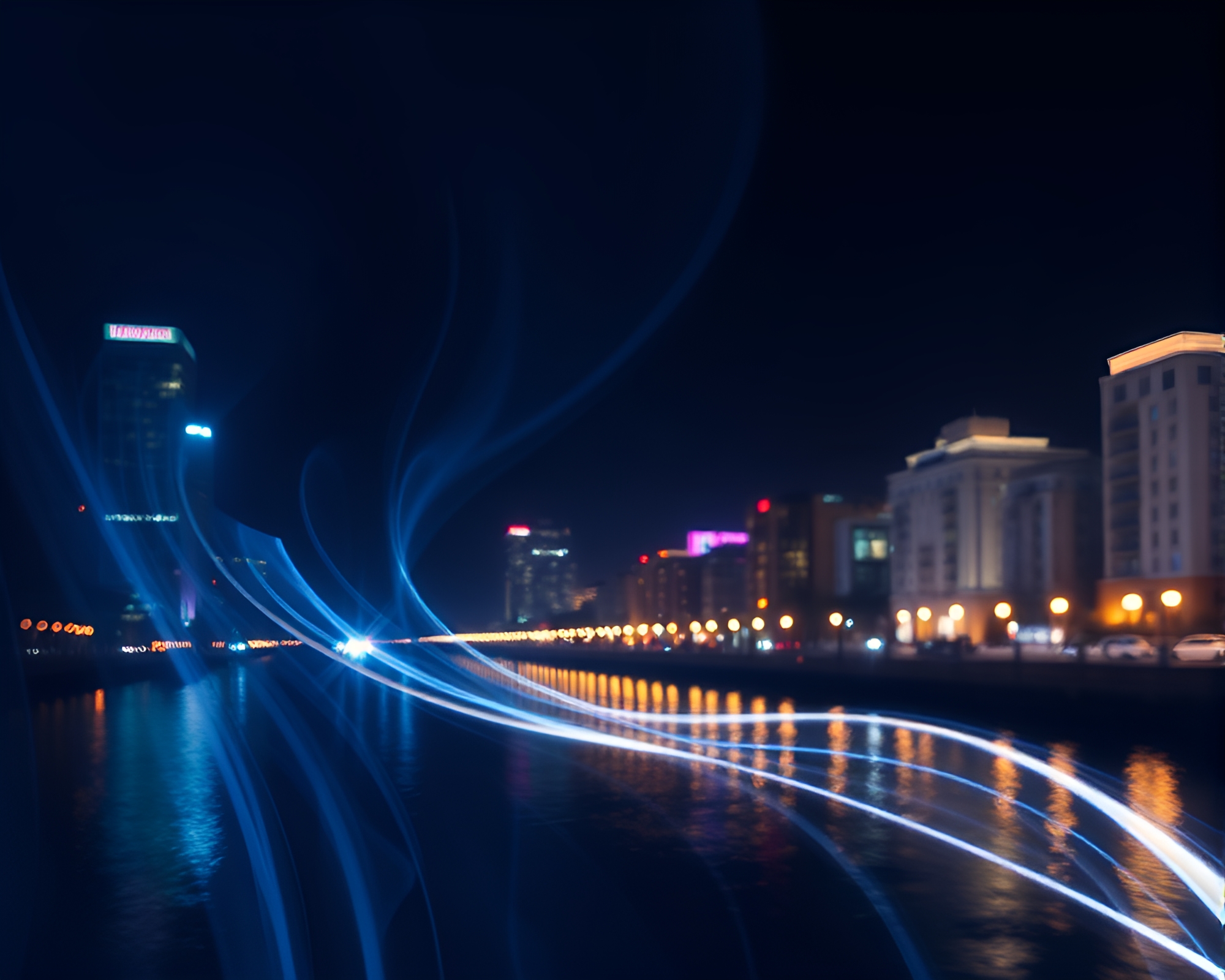 Satin Ribbon City Lights Water Distortion – free AI stock image