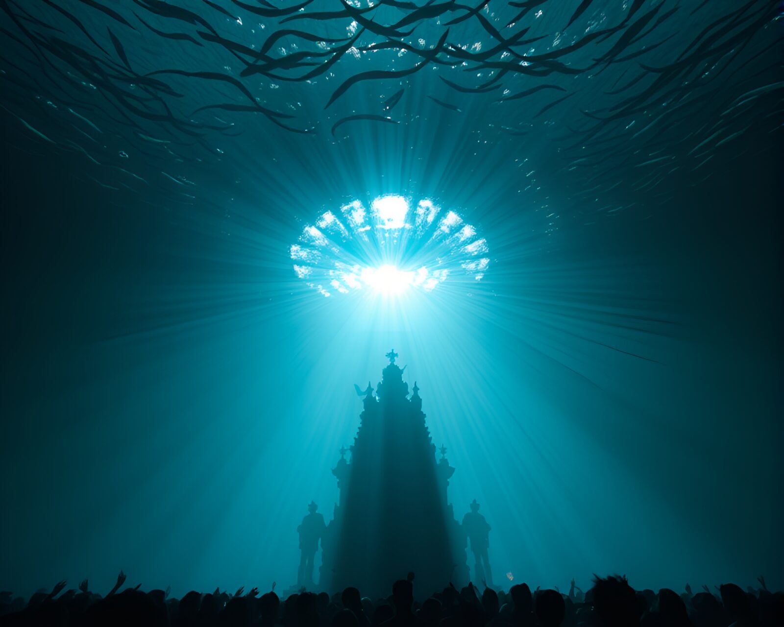 Stunning lithography style art of silhouettes under underwater dome