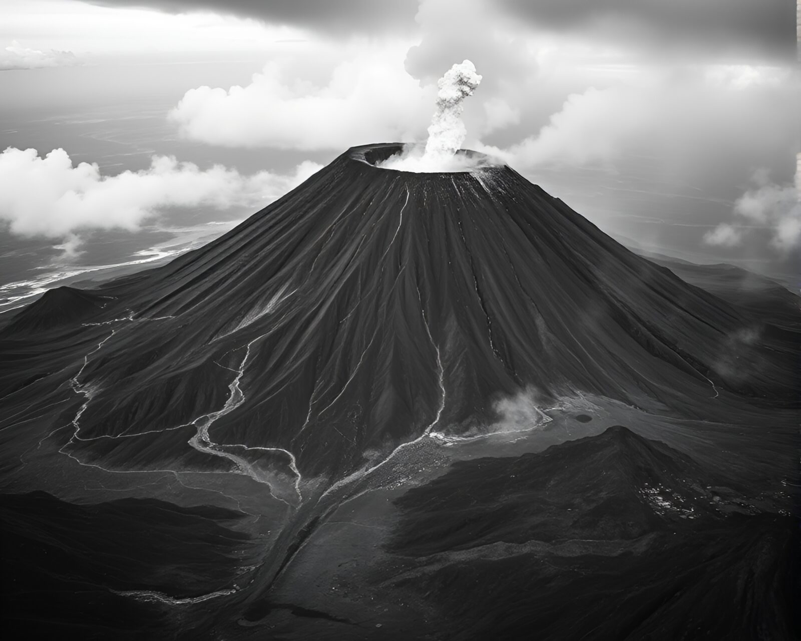 Dramatic high-angle shot of volcanic eruption in olive drab tones