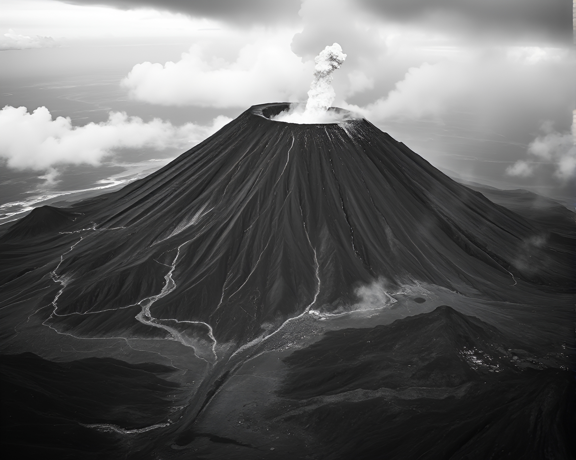 Spectacular Monochrome Volcanic Eruption High-Angle View – free AI stock image