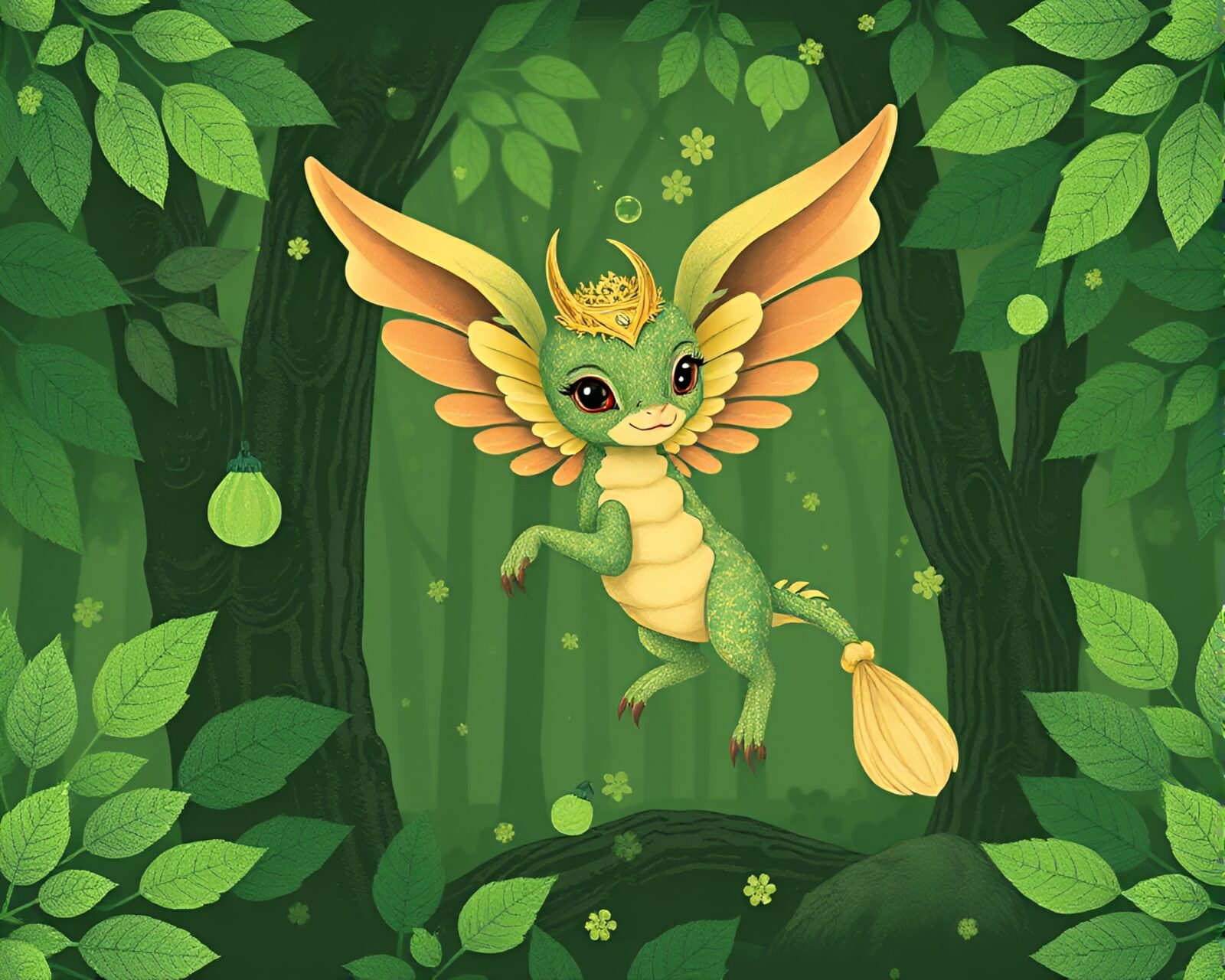 Magical creature in green forest under checkered sky