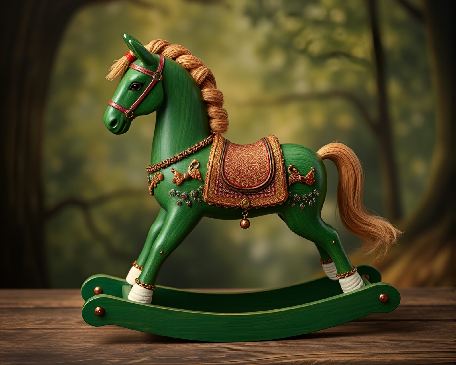 Hyper-realistic wooden rocking horse surrounded by beadwork in an enchanted forest