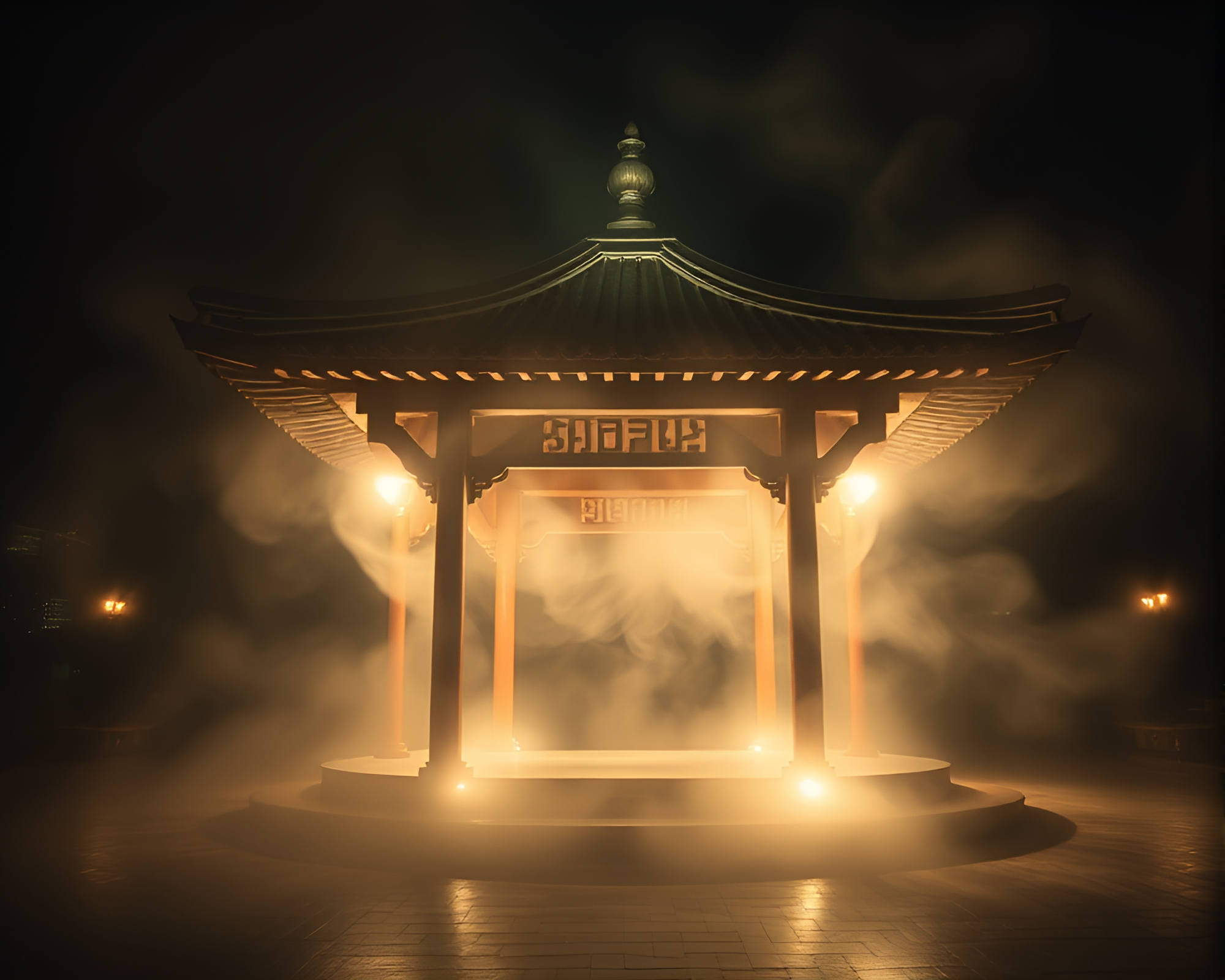 Floating Pavilion Illuminated by Torchlight in Motion Blur – free AI stock image