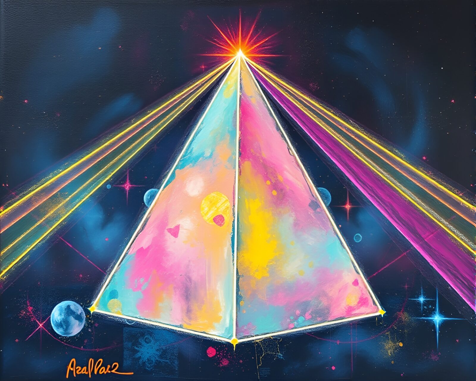 Encaustic painting of glowing pyramid in neon laser beams