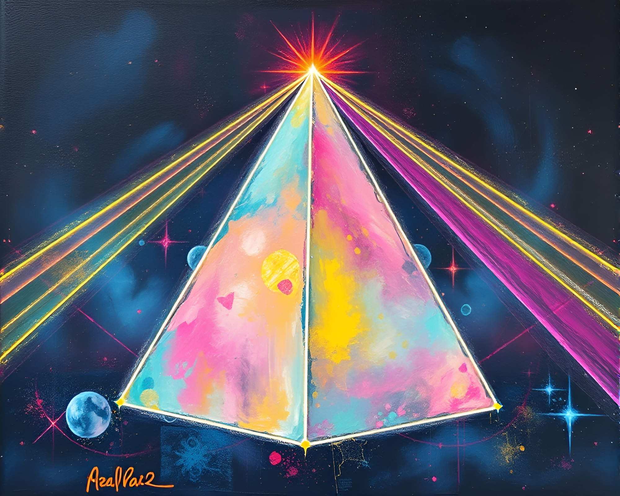 Encaustic Pyramid Illuminated by Pastel Neon Laser Beams – free AI stock image