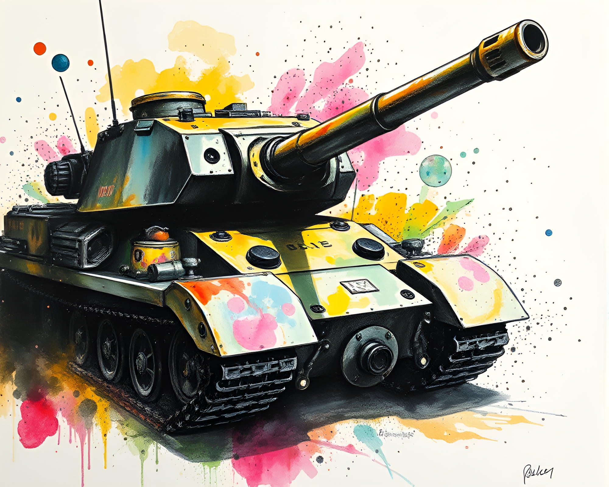 Disco Tank Surrounded by Ink Splashes – free AI stock image