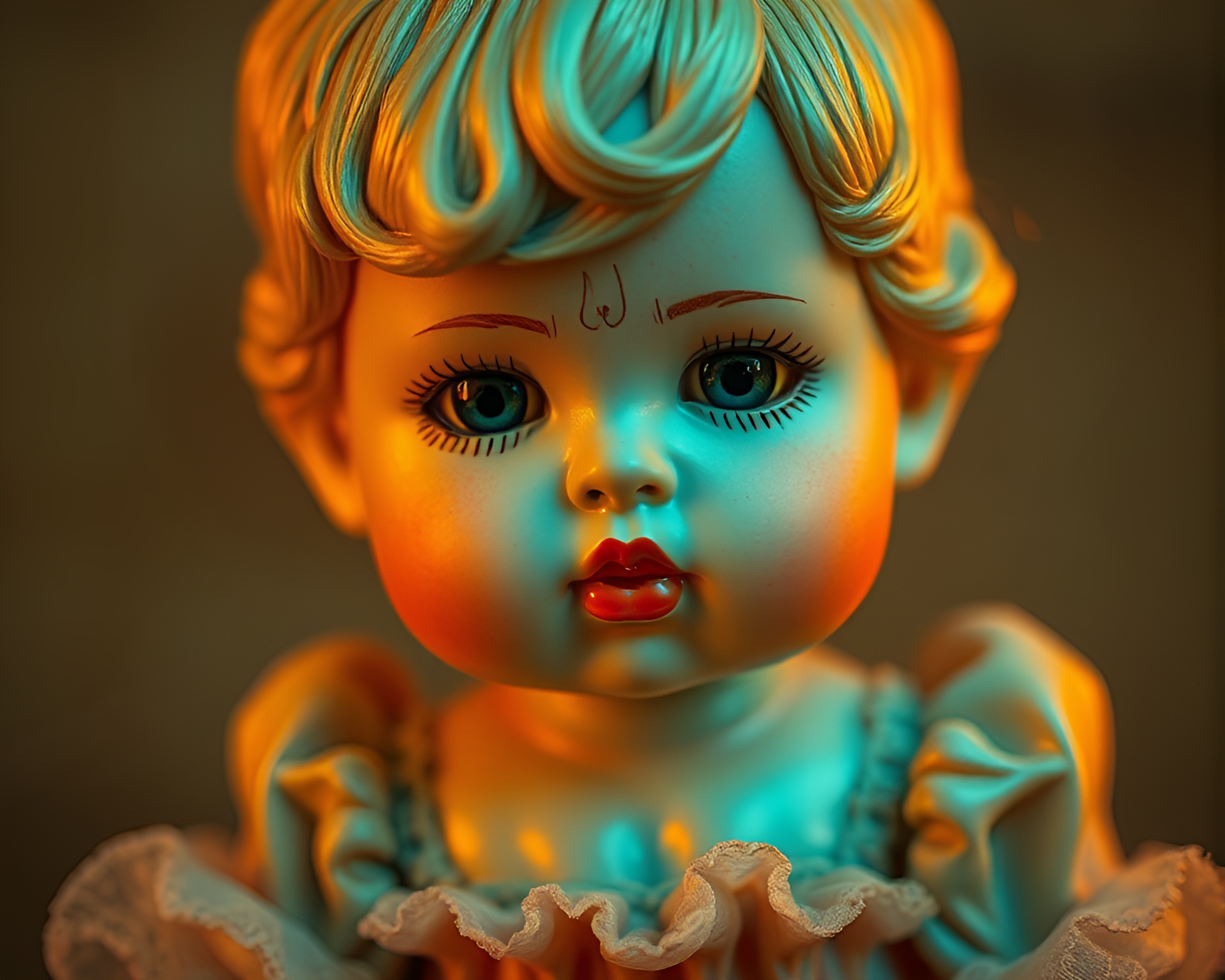 Copper Verdigris Porcelain Doll at Sunset – free AI stock image
