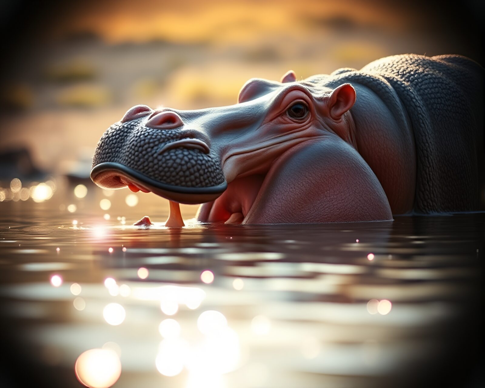 A magical scene of a hippopotamus surrounded by colorful light leaks