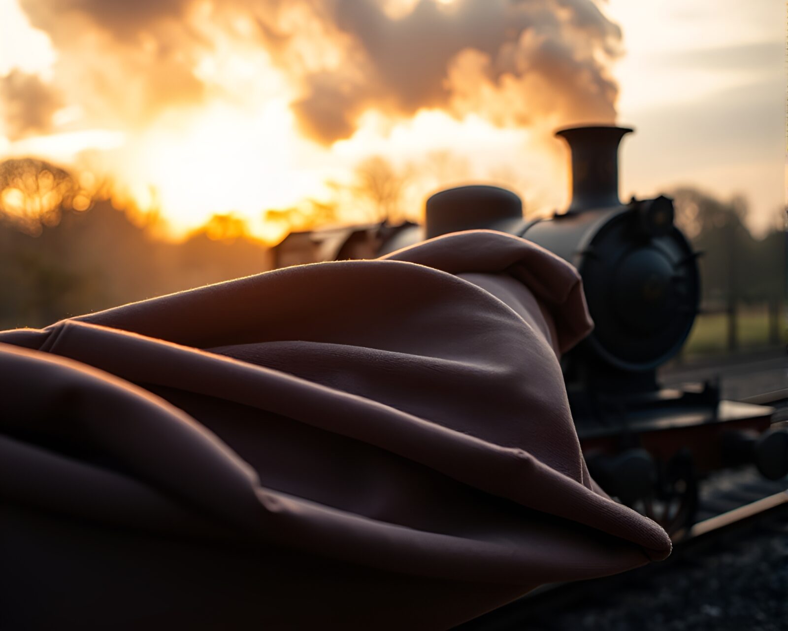 Warmly lit afternoon scene with fabric draping a vintage train