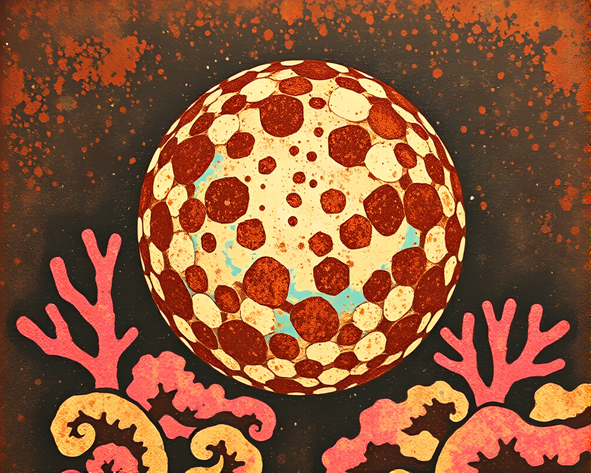 Rusty Coral Reef Disco Ball Woodcut Print – free AI stock image